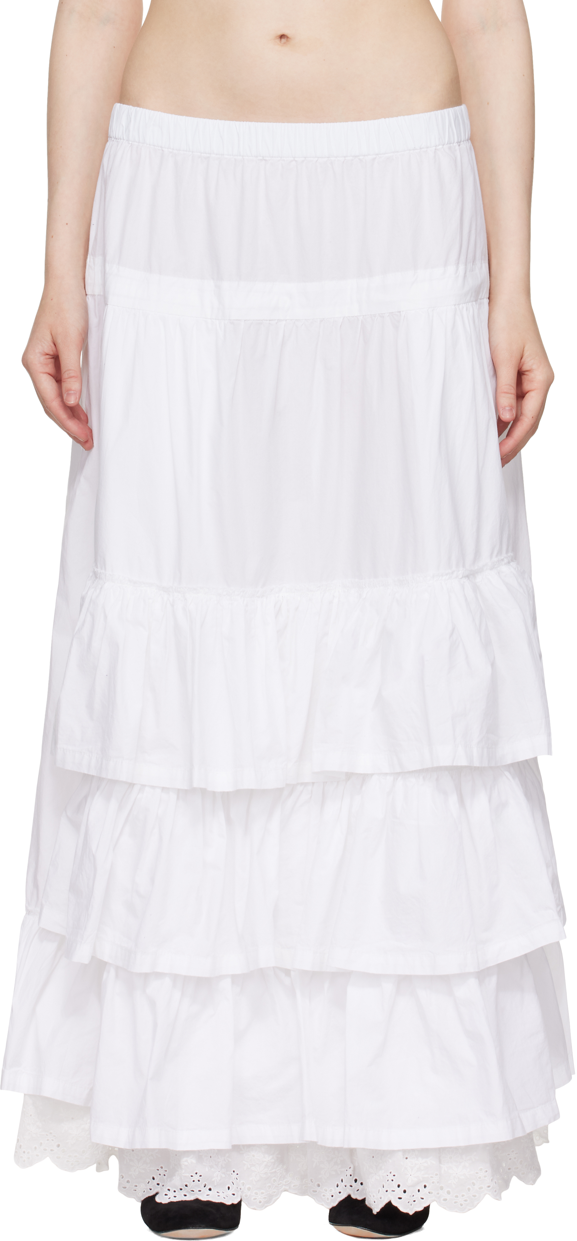 White Rolled Waist Tiered Midi Skirt