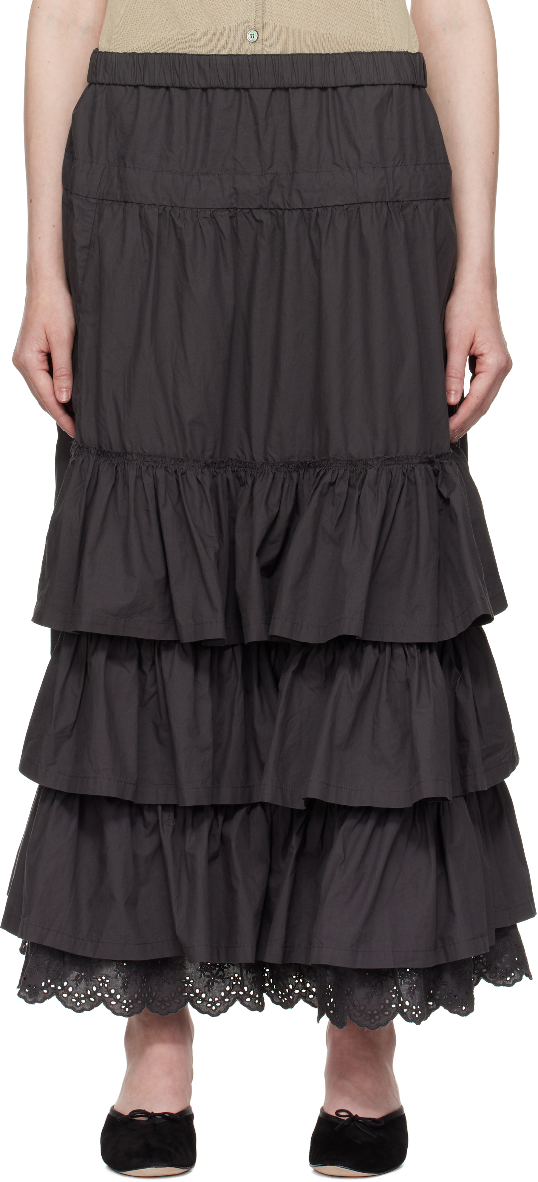 Gray Rolled Waist Tiered Midi Skirt