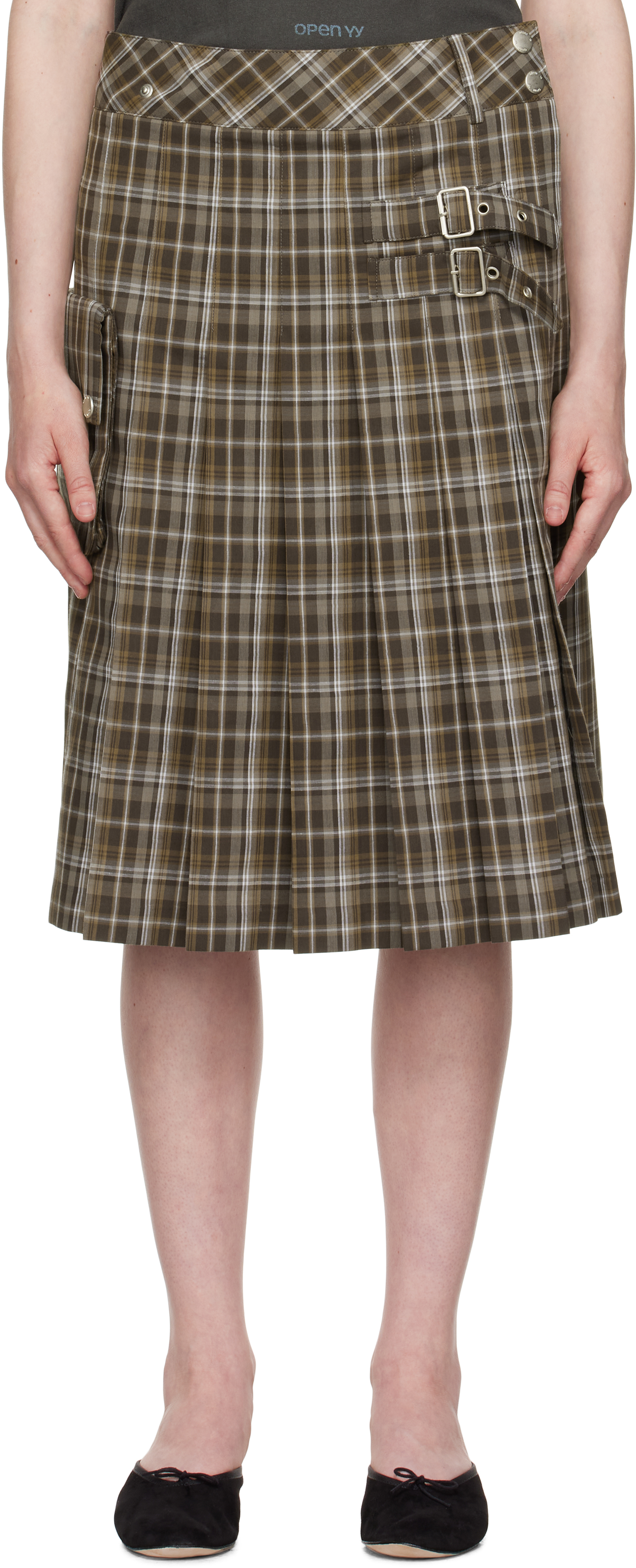 Brown Check Cargo Pocket Kilt Midi Skirt
