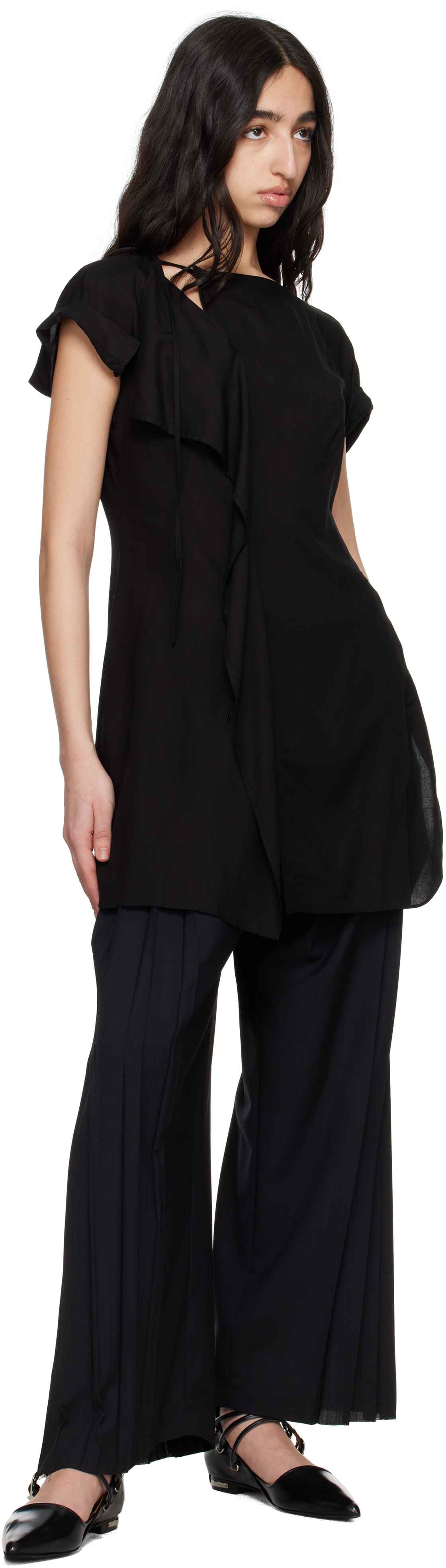 Y's Black Rayon Cambric Right Side Drape Blouse In 2 Black
