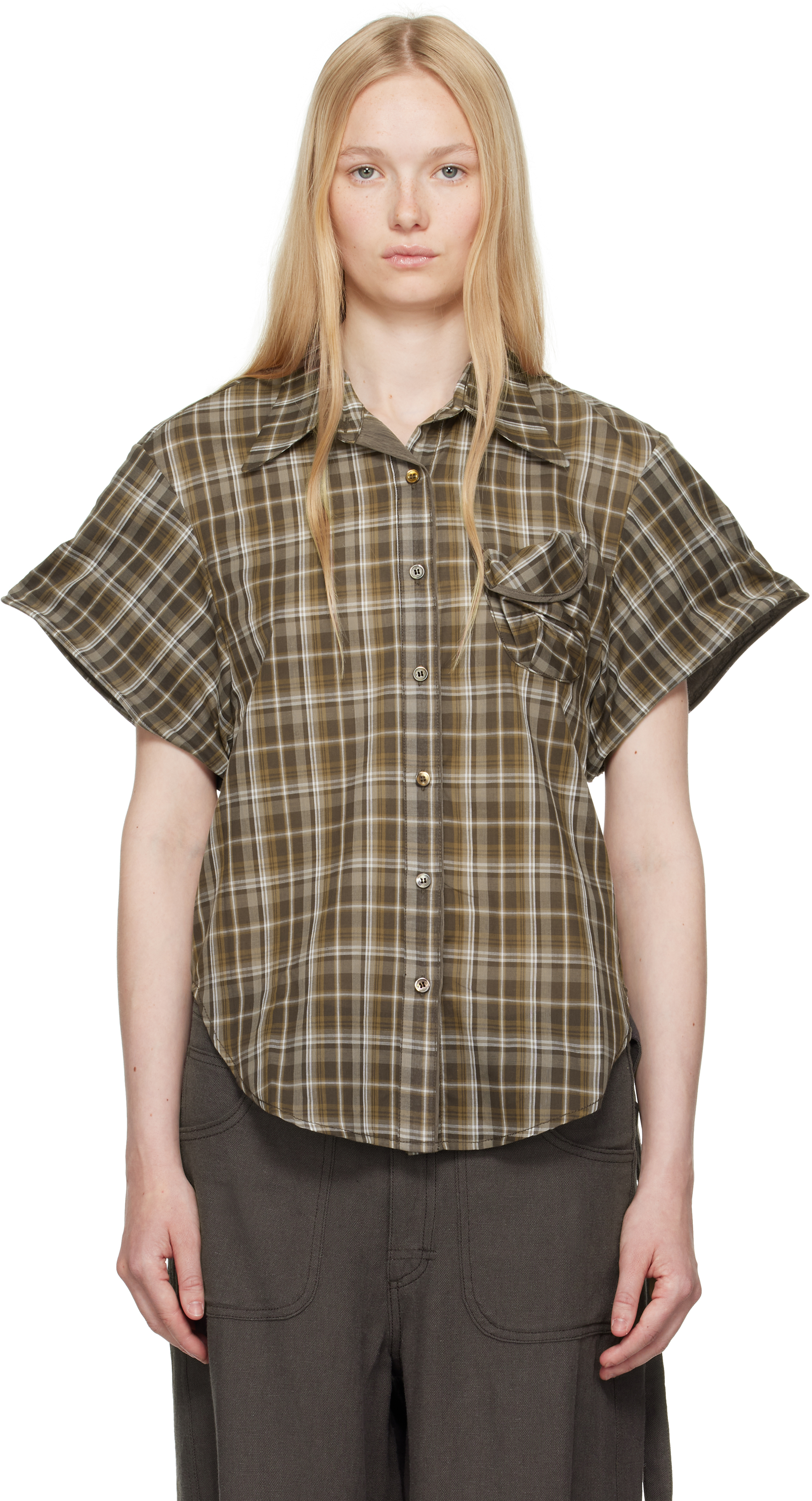 OPEN YY: Brown Wire Cuff Check Shirt | SSENSE