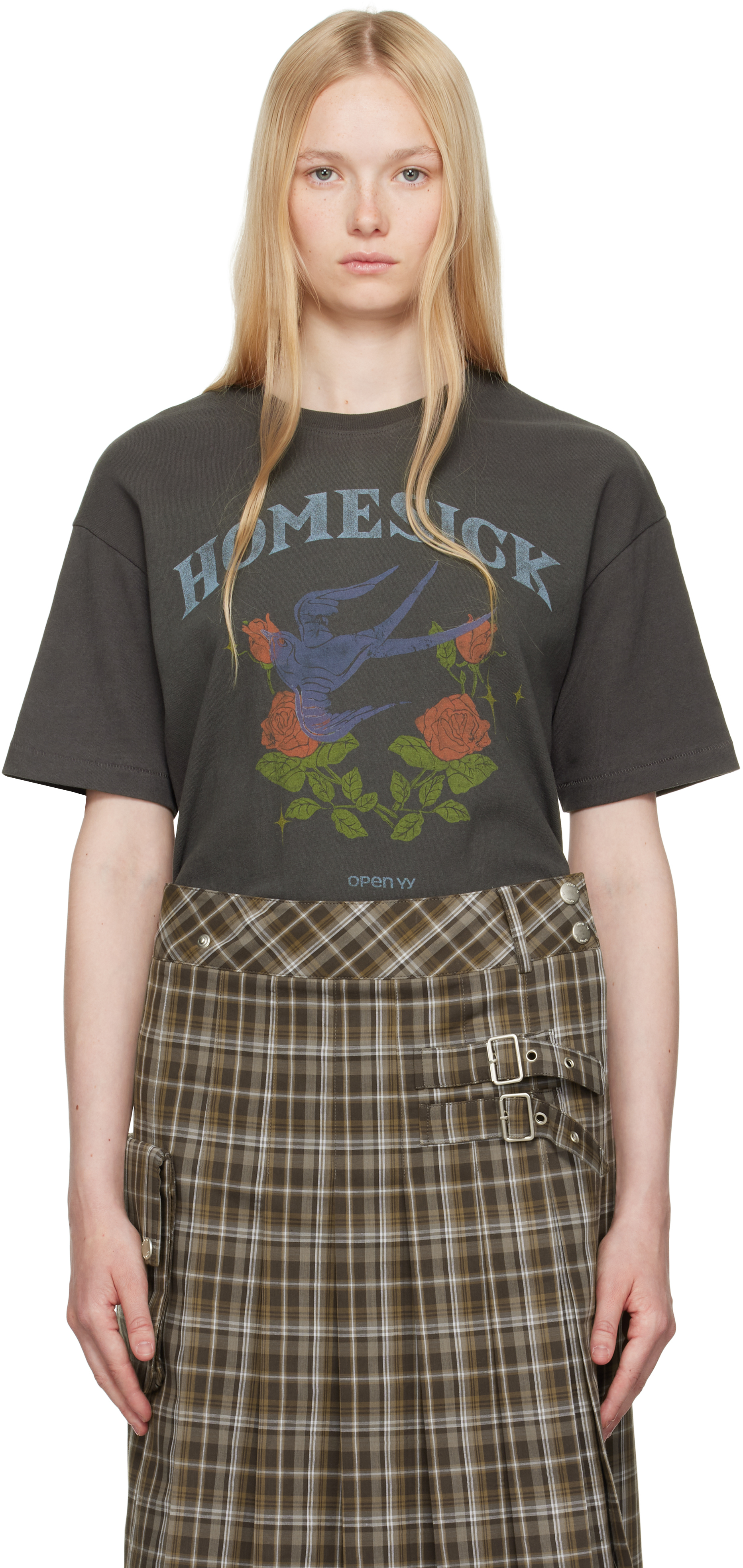 OPEN YY GRAY ROSE & SWALLOW T-SHIRT