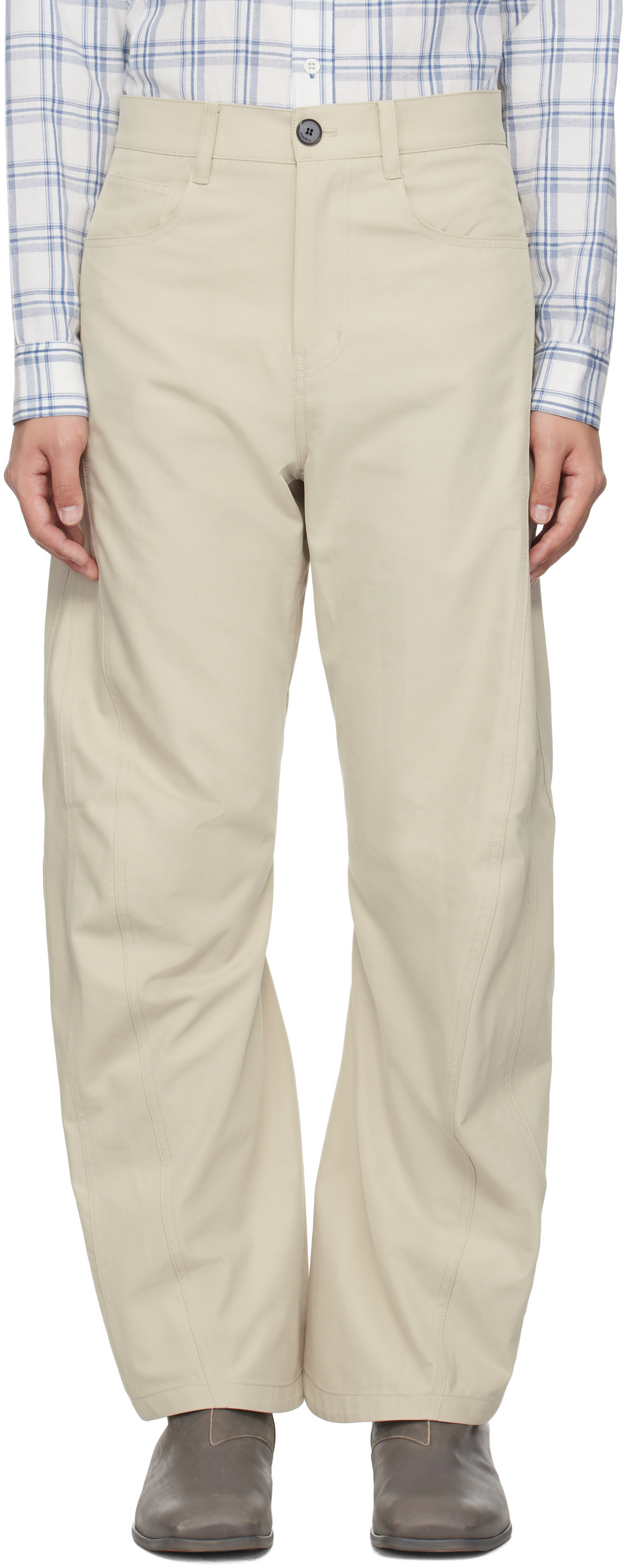 Beige Curved Silhouette Trousers