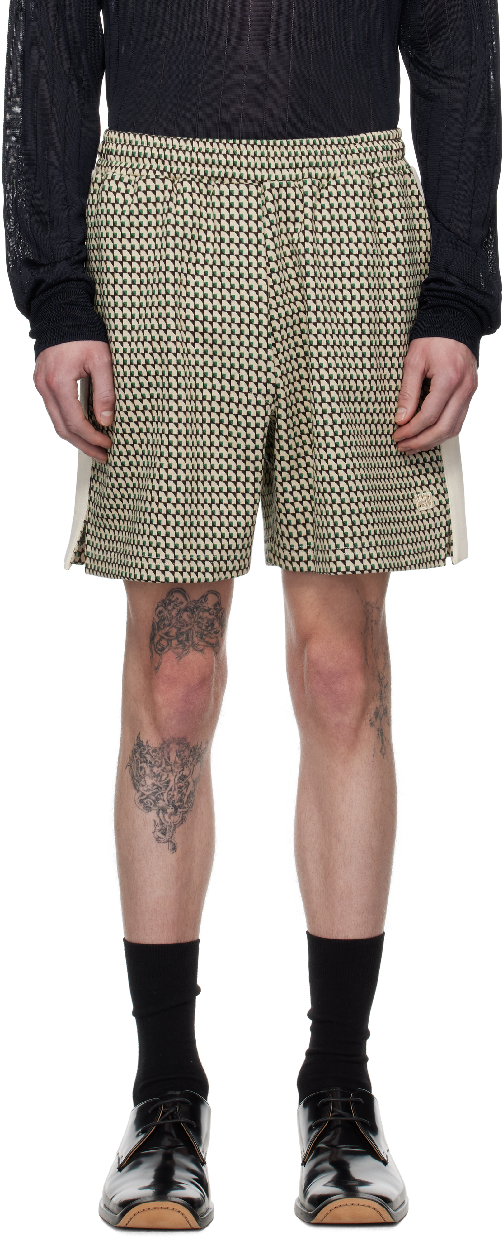 Shop Wales Bonner Beige & Green Power Shorts In Beige/dark Green/bro