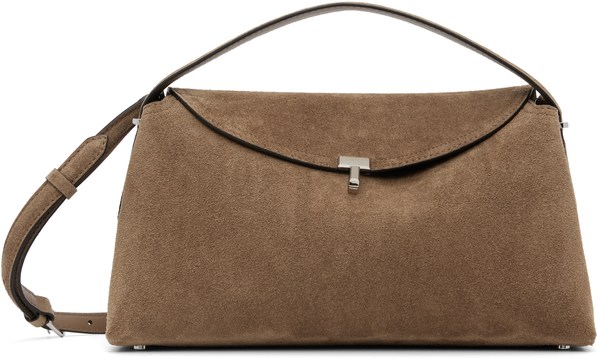 Taupe T-Lock Suede Top Handle Bag