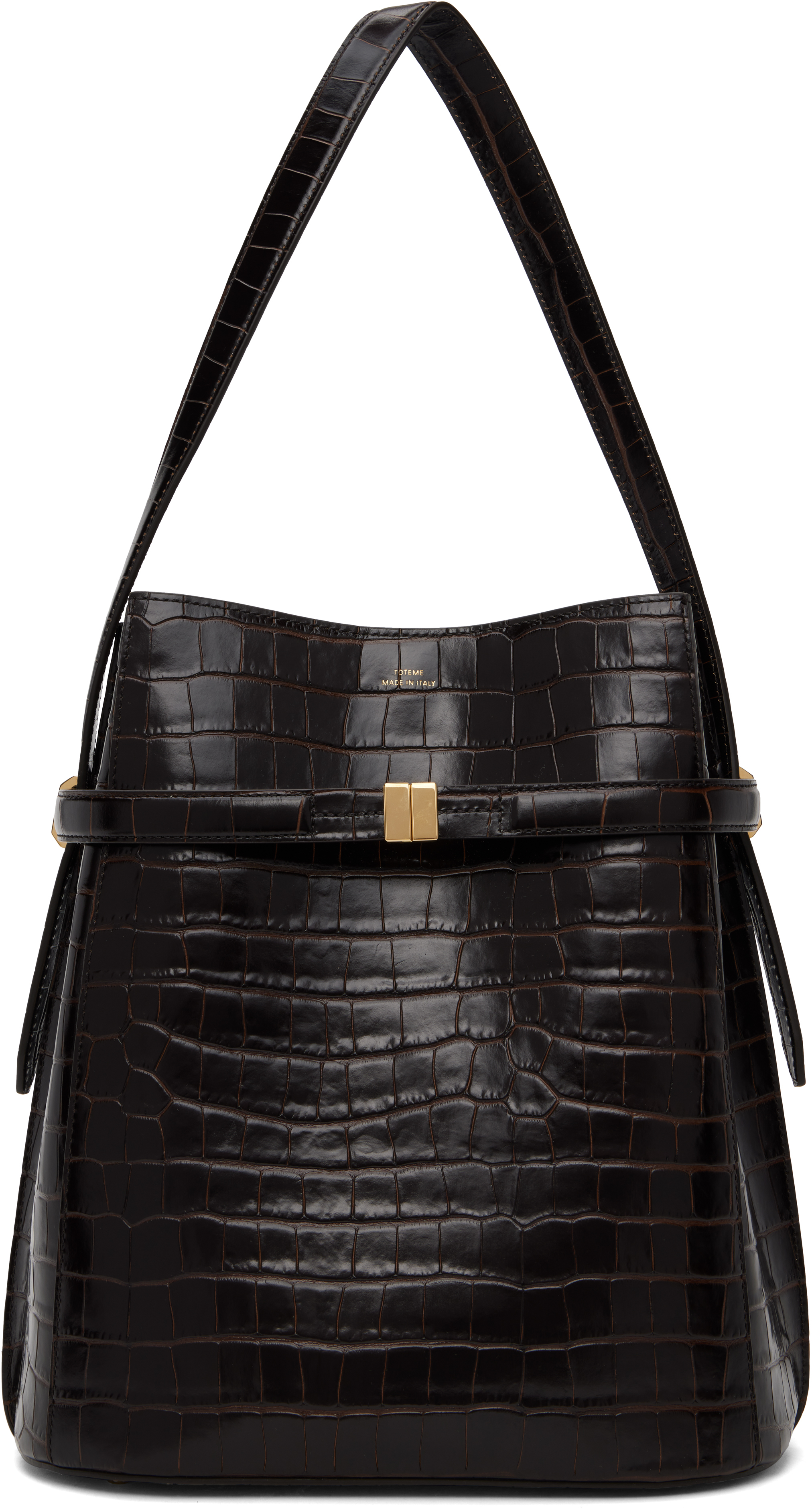 Totême Belted Croc Embossed Leather Bucket Bag In Brown