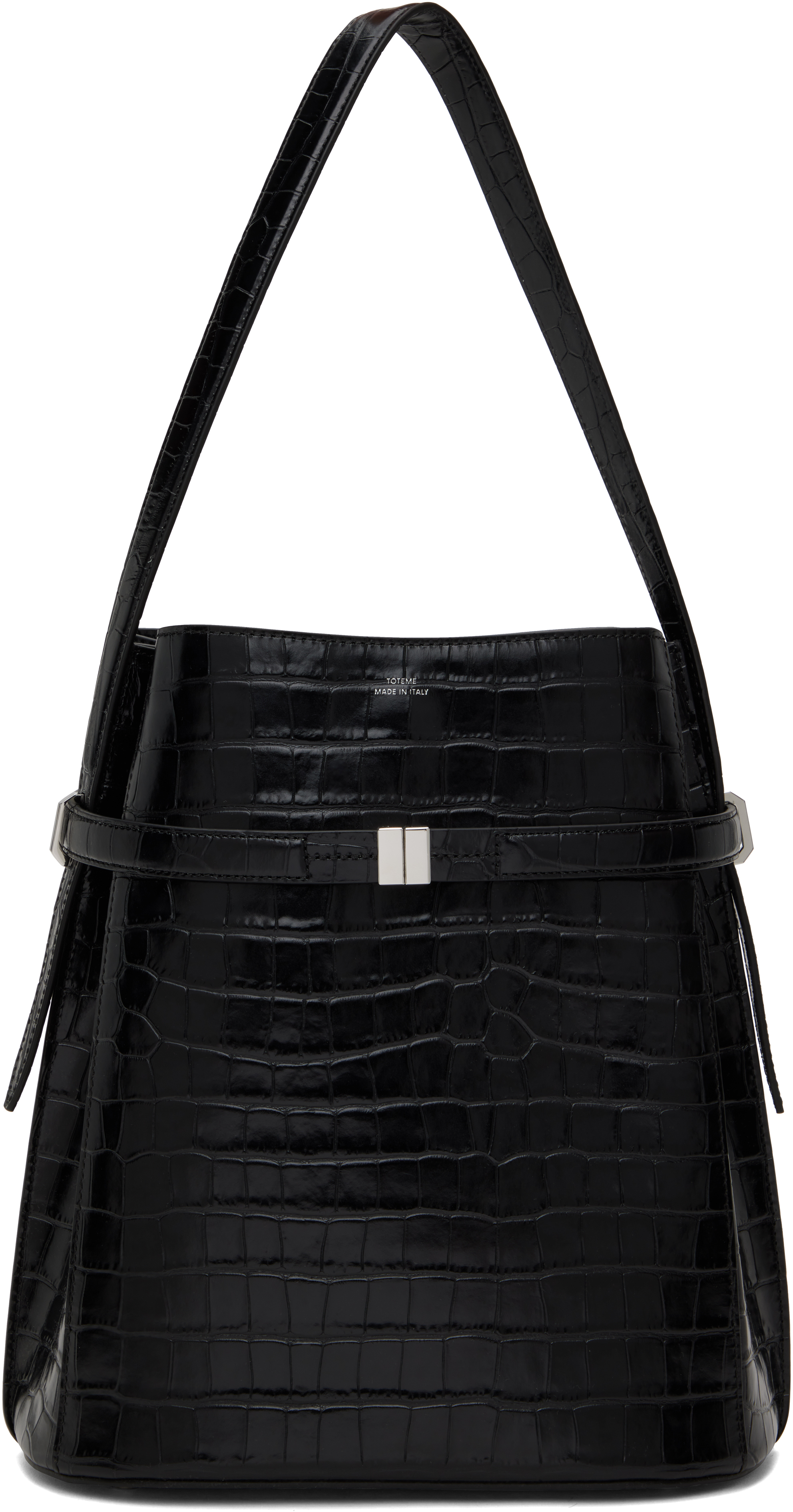 Black Belted Croco-Embossed Leather Bucket Bag