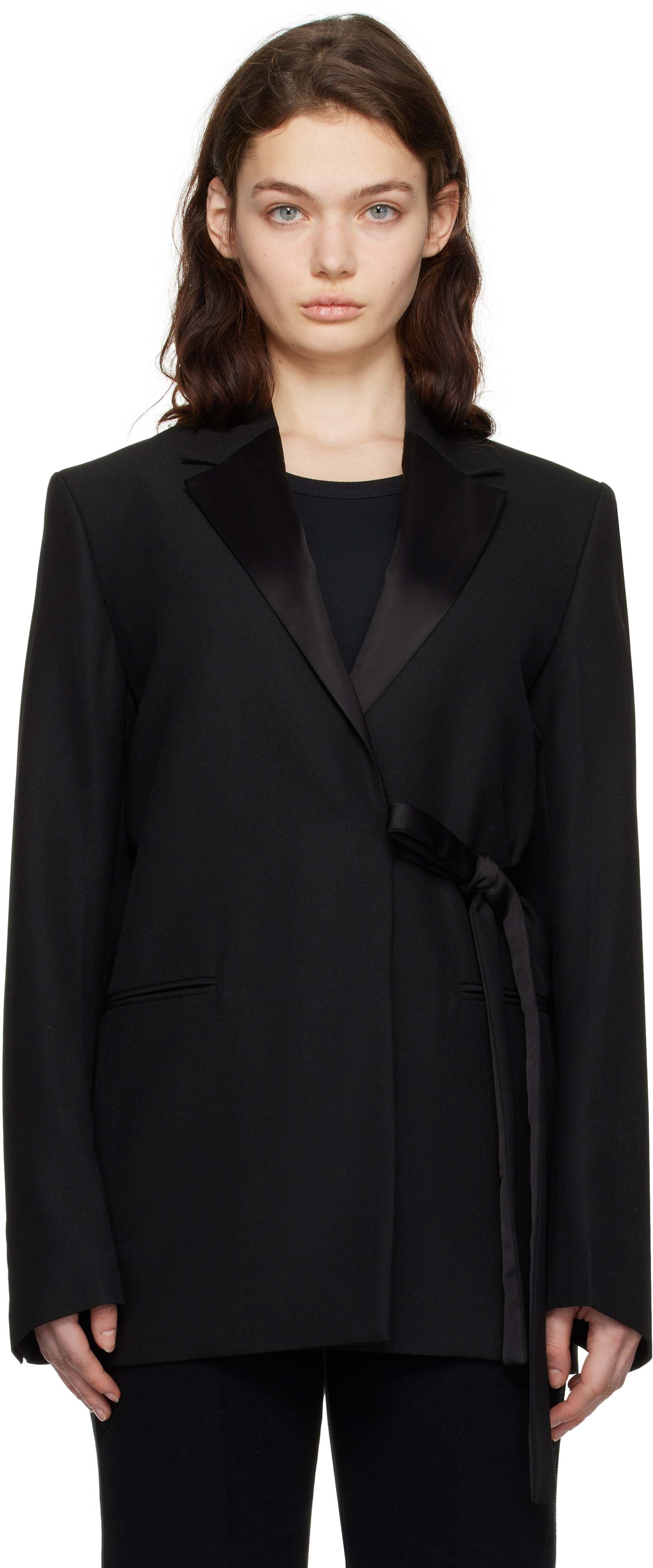 Black Satin-Lapel Wrap Blazer