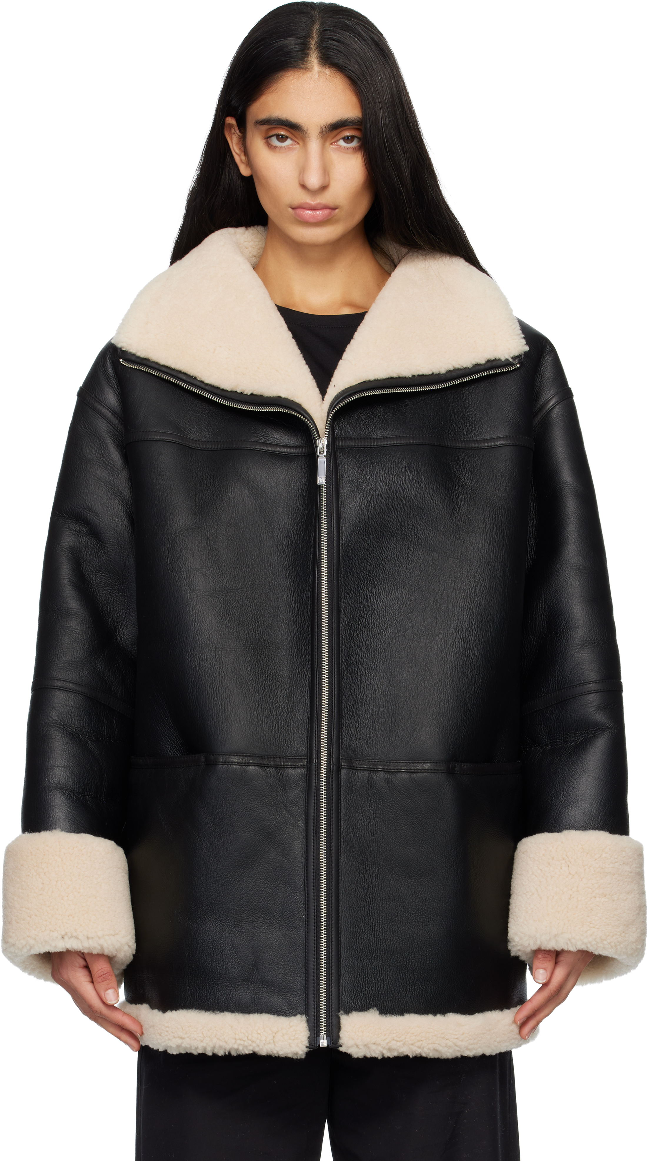 TOTEME: Black Signature Shearling Jacket | SSENSE display picture 1