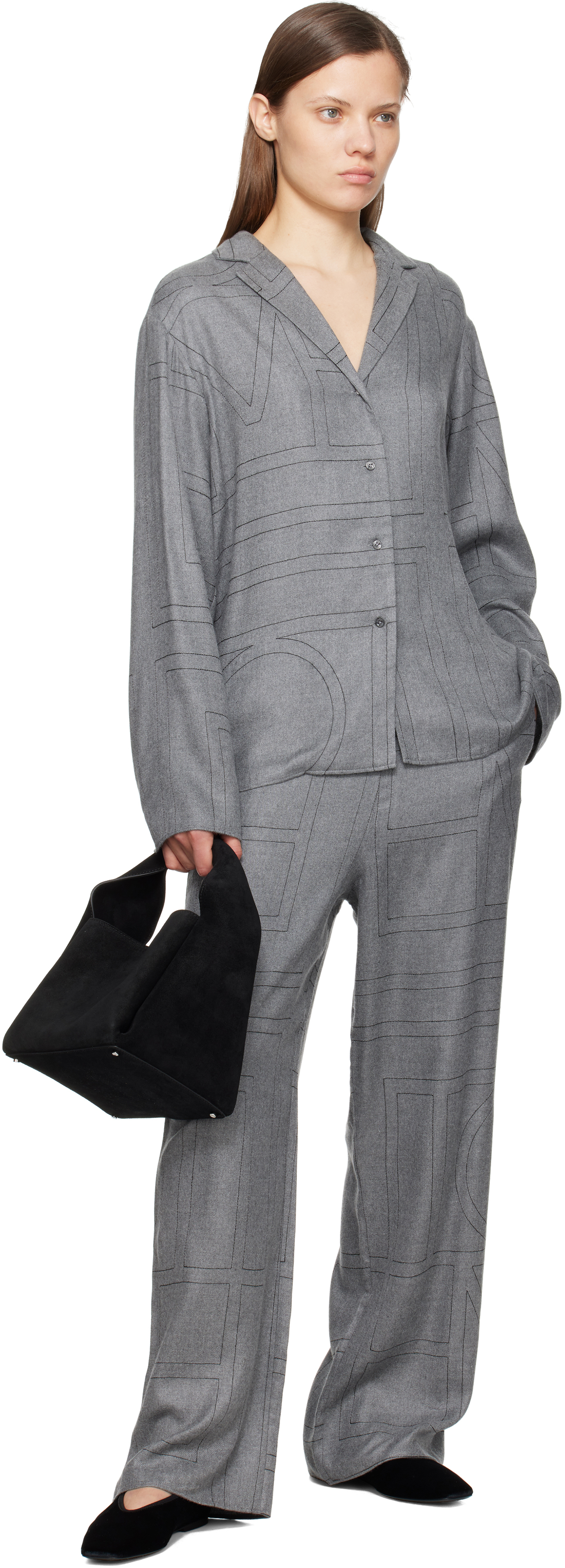 Totême Monogram Flannel Pj Bottoms In Smoke Melange 269