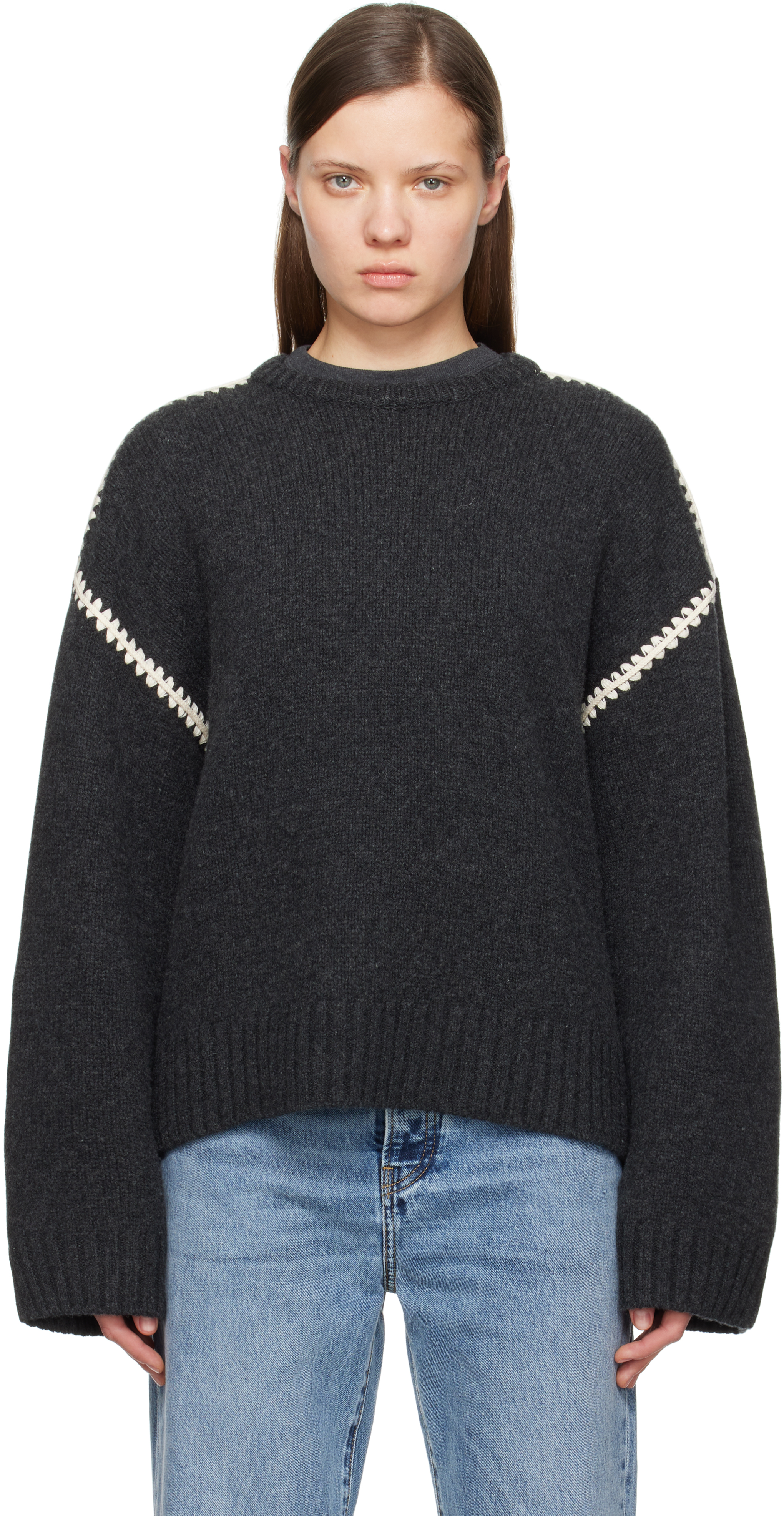 Shop Totême Gray Embroidered Wool Cashmere Knit Sweater In Grey Melange 074