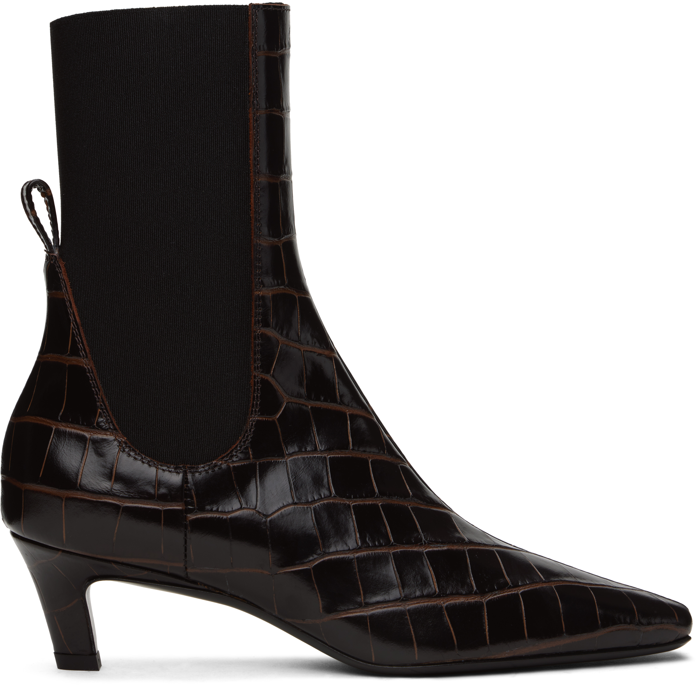TOTEME: Brown Croco-Embossed Mid-Heel Boots | SSENSE