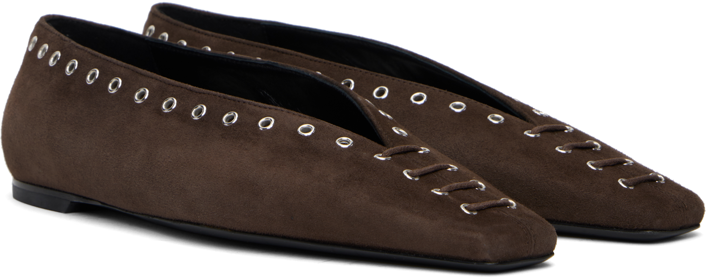 Totême Lace-up Eyelet-embellished Suede Ballet Flats In Pepper 273