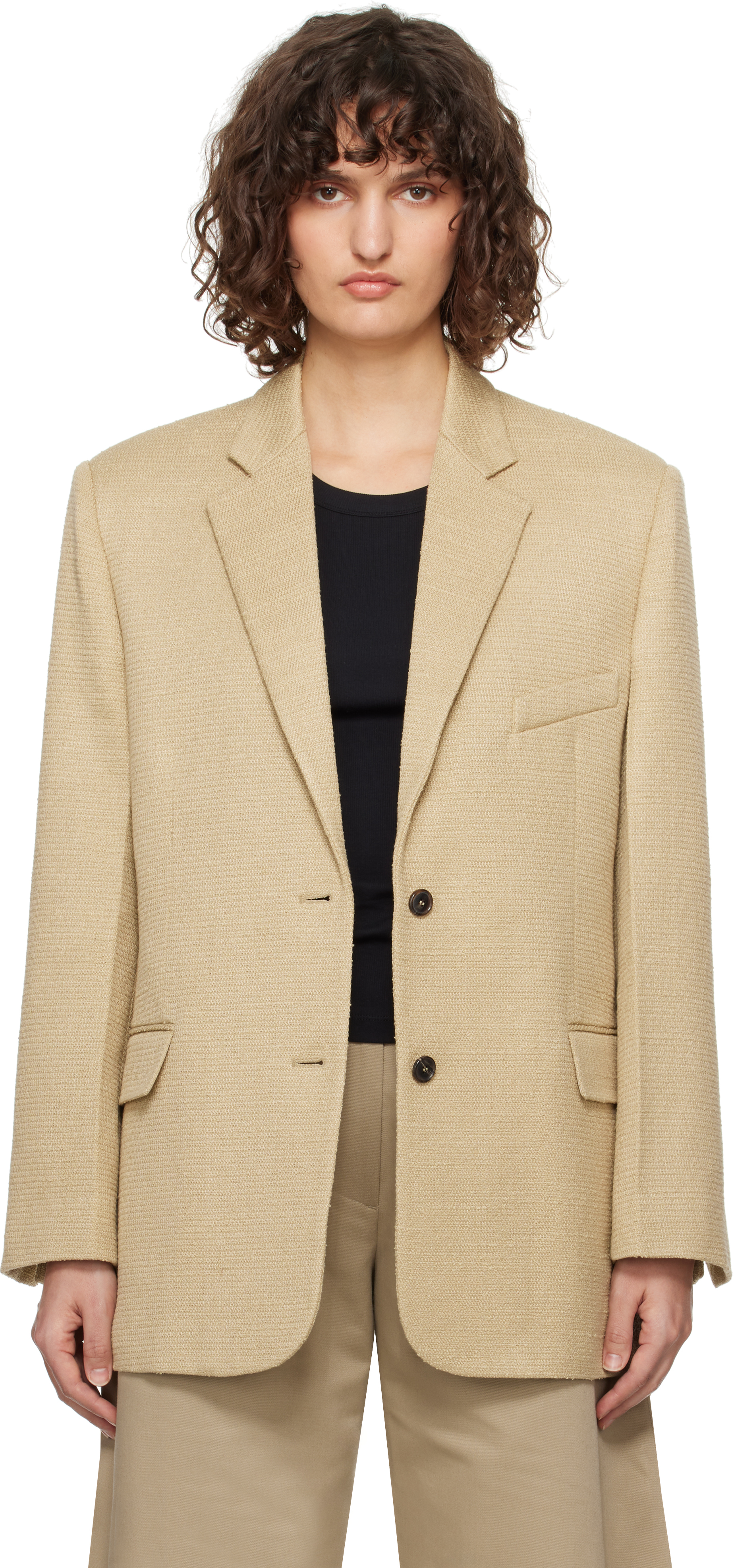 Beige Oversize Single Breasted Tweed Blazer