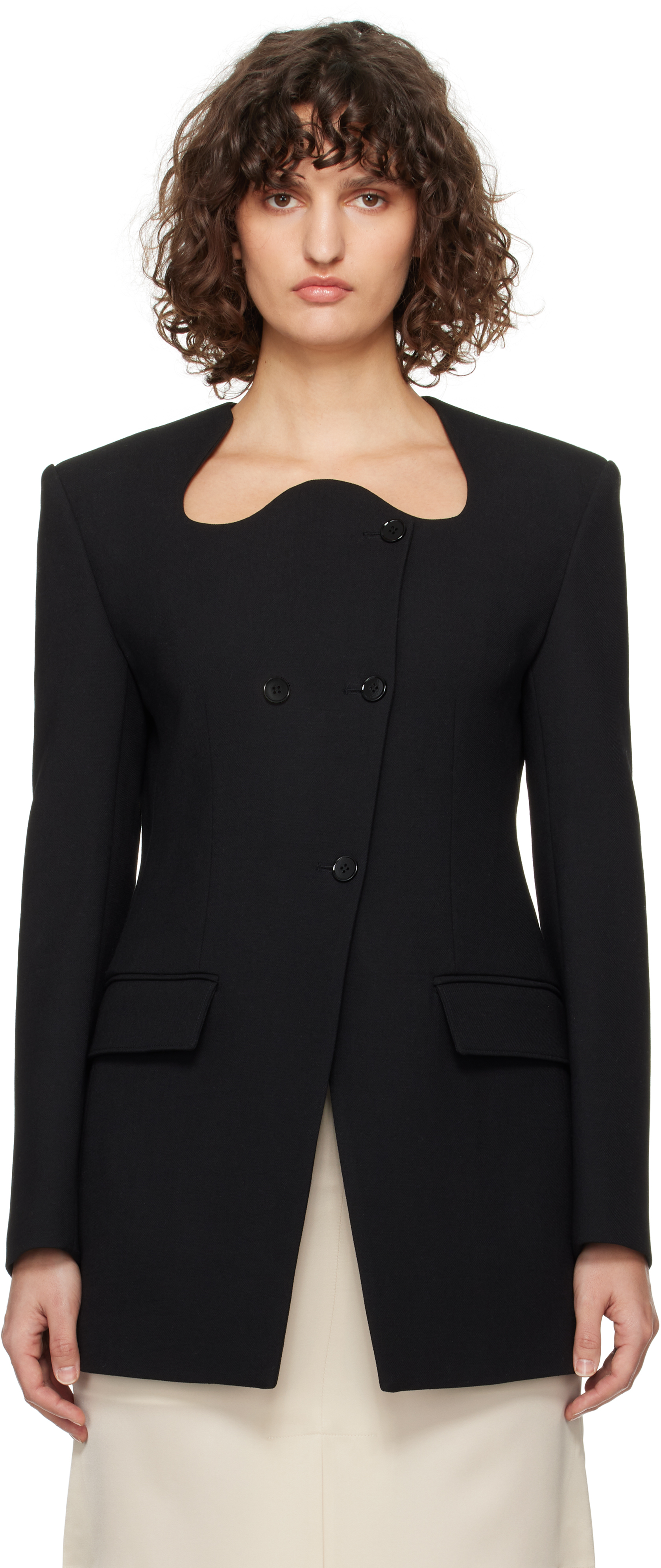 Black RC Signature Curved Neck Long Blazer