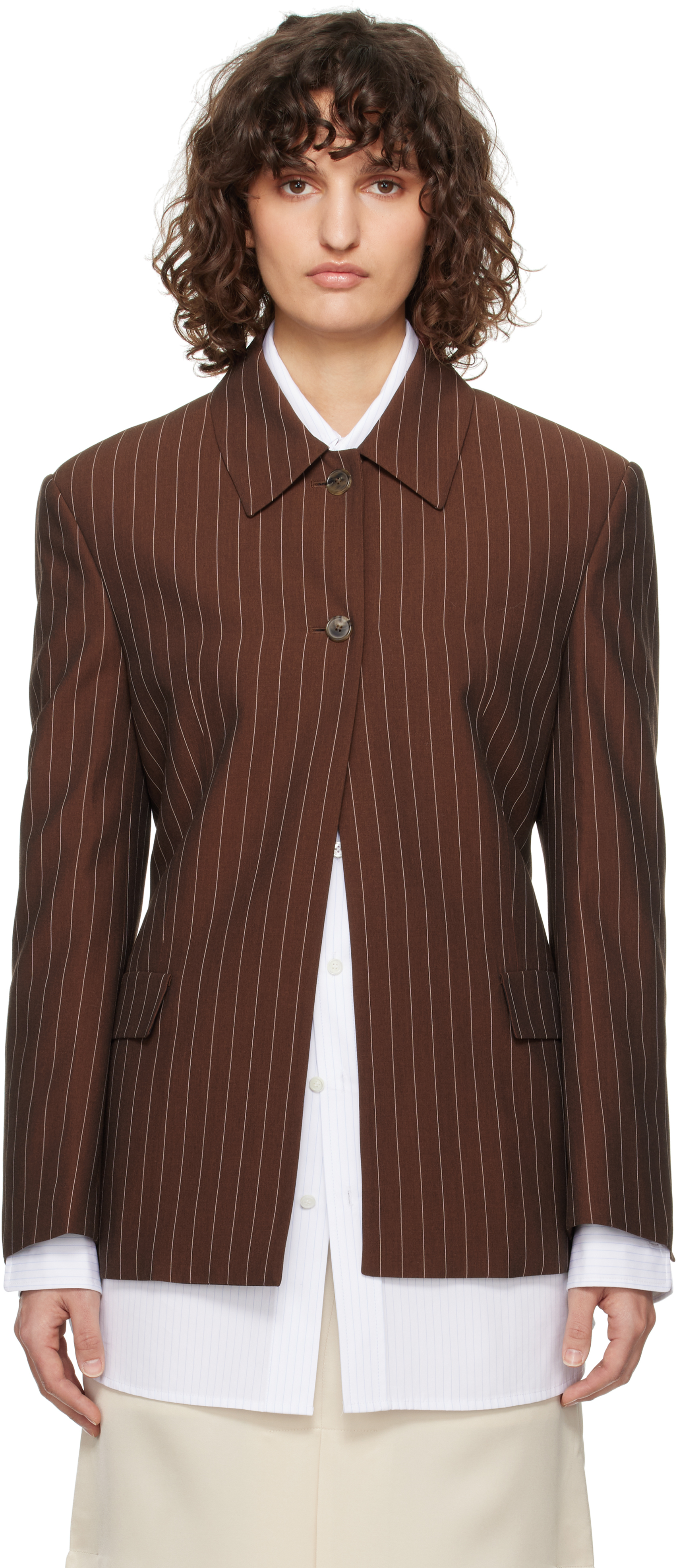 Brown Classic Collar Pin Stripe Single Jacket