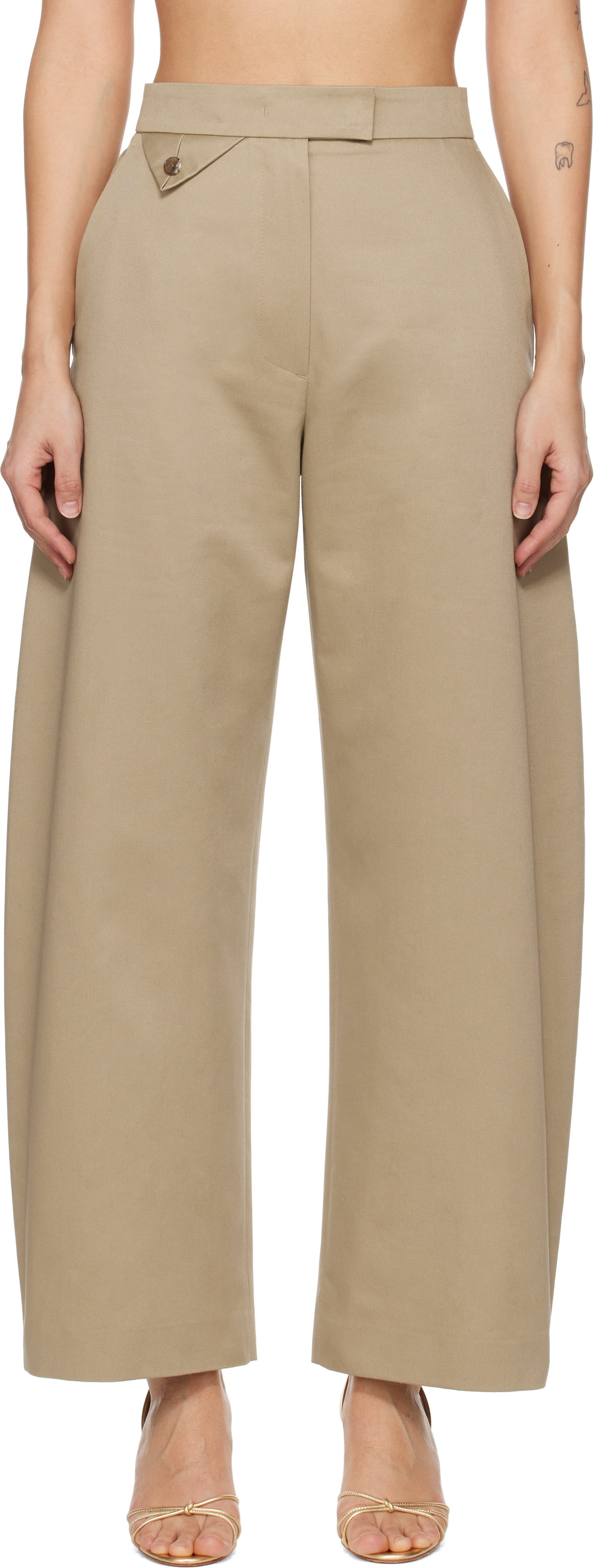 Beige High-Rise Curved Legs Trousers