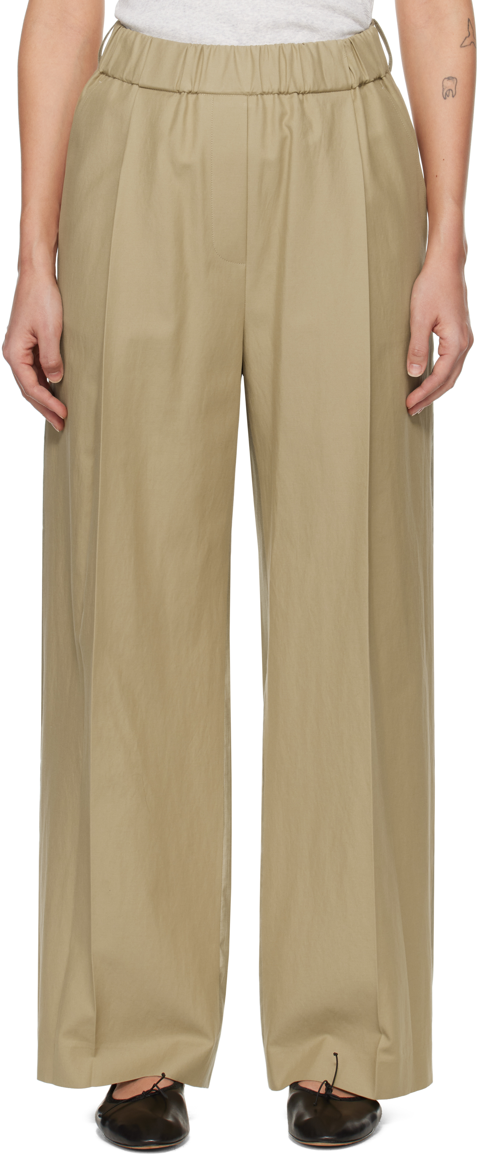 Beige Contrast Back Banding Wide Trousers