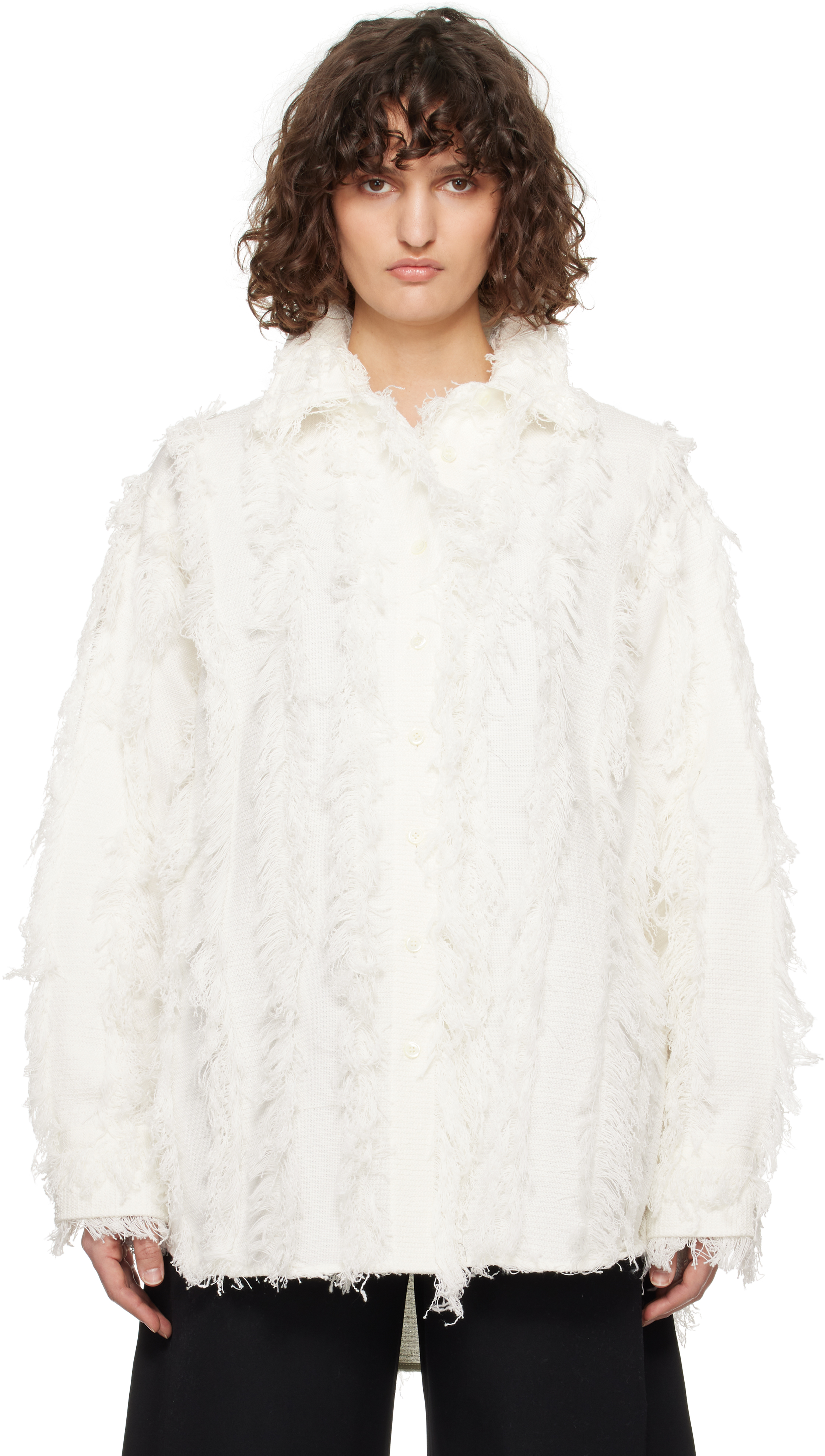 White Fringe Effect Oversized Shirt