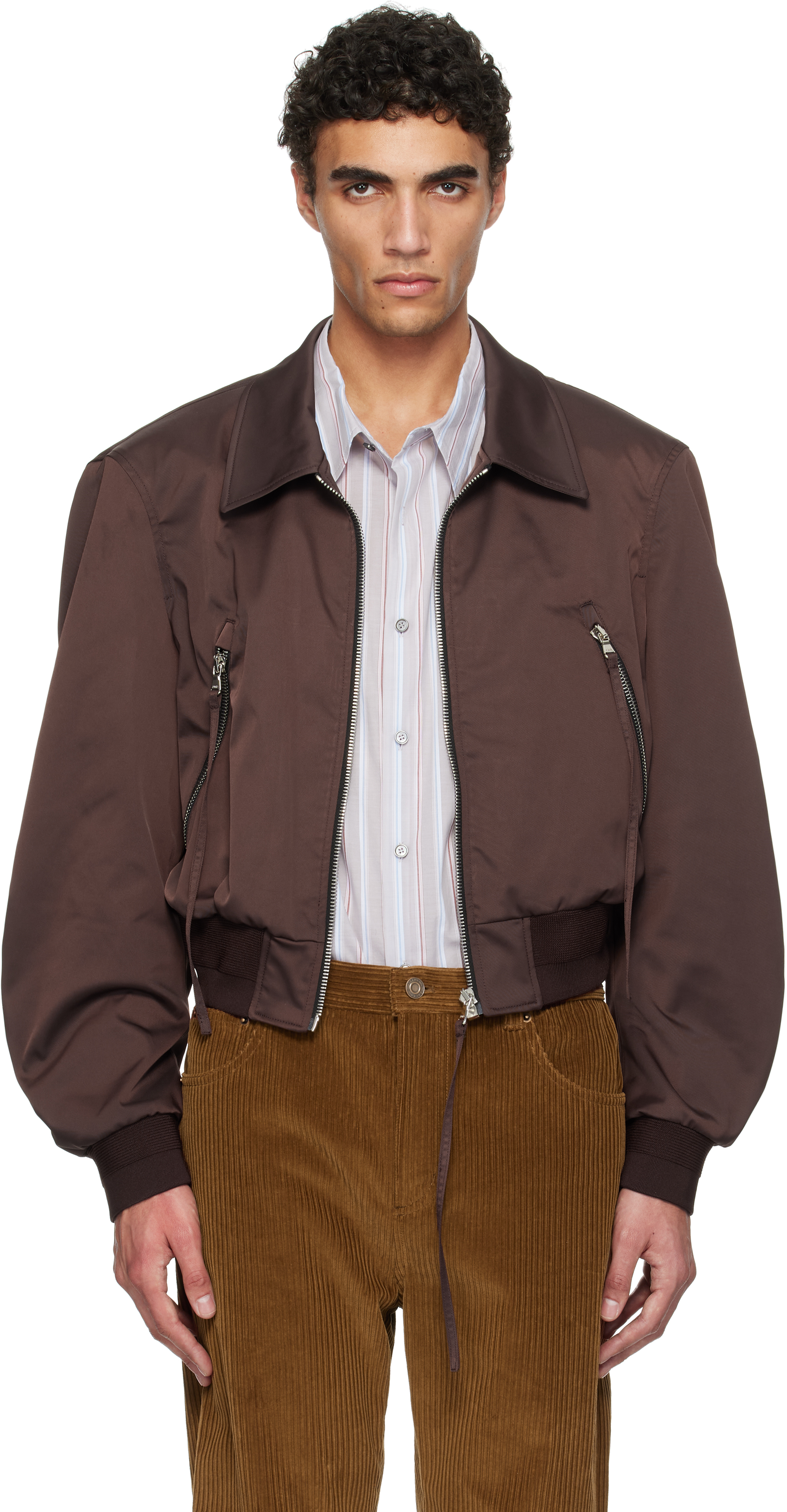 Brown Zipper Details Structured Tim Bomber Jacket