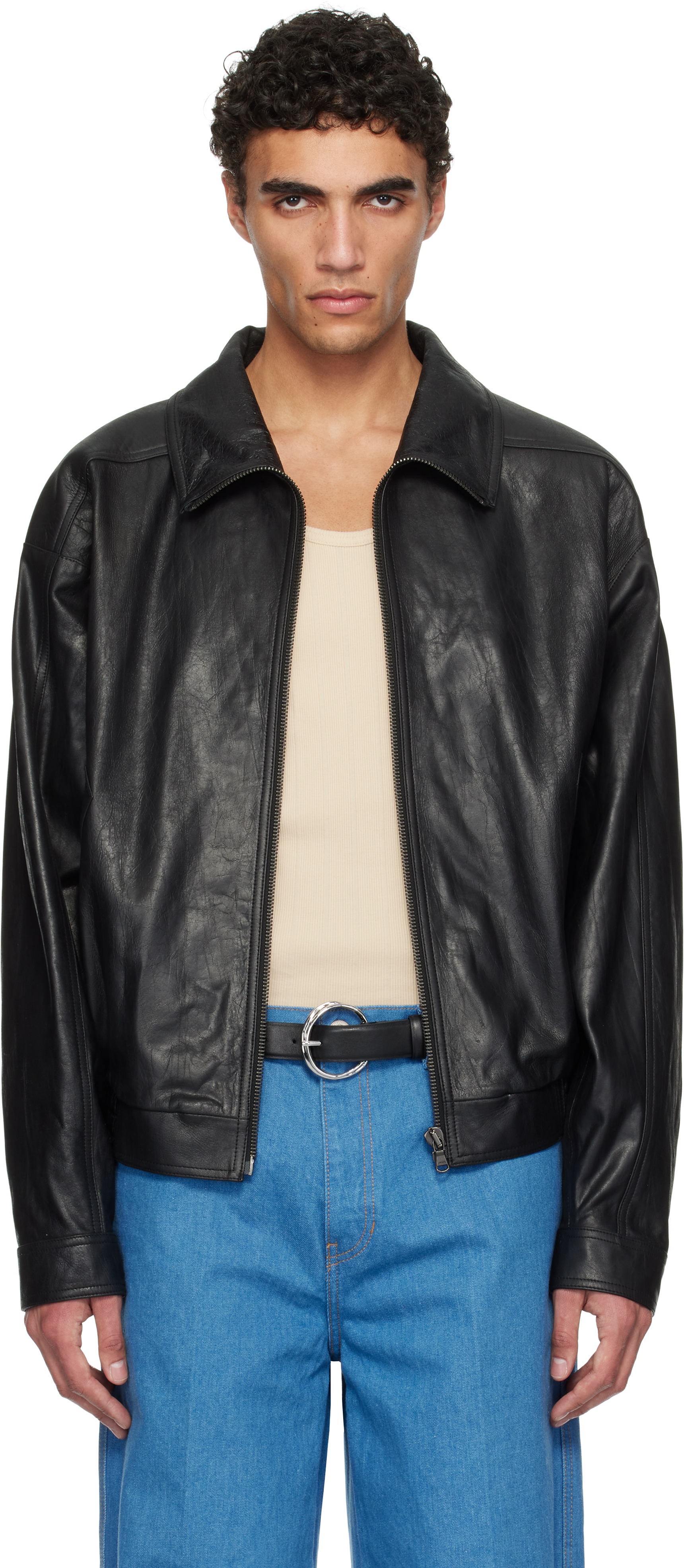 Black Vintage Crack Effect Leather Jacket
