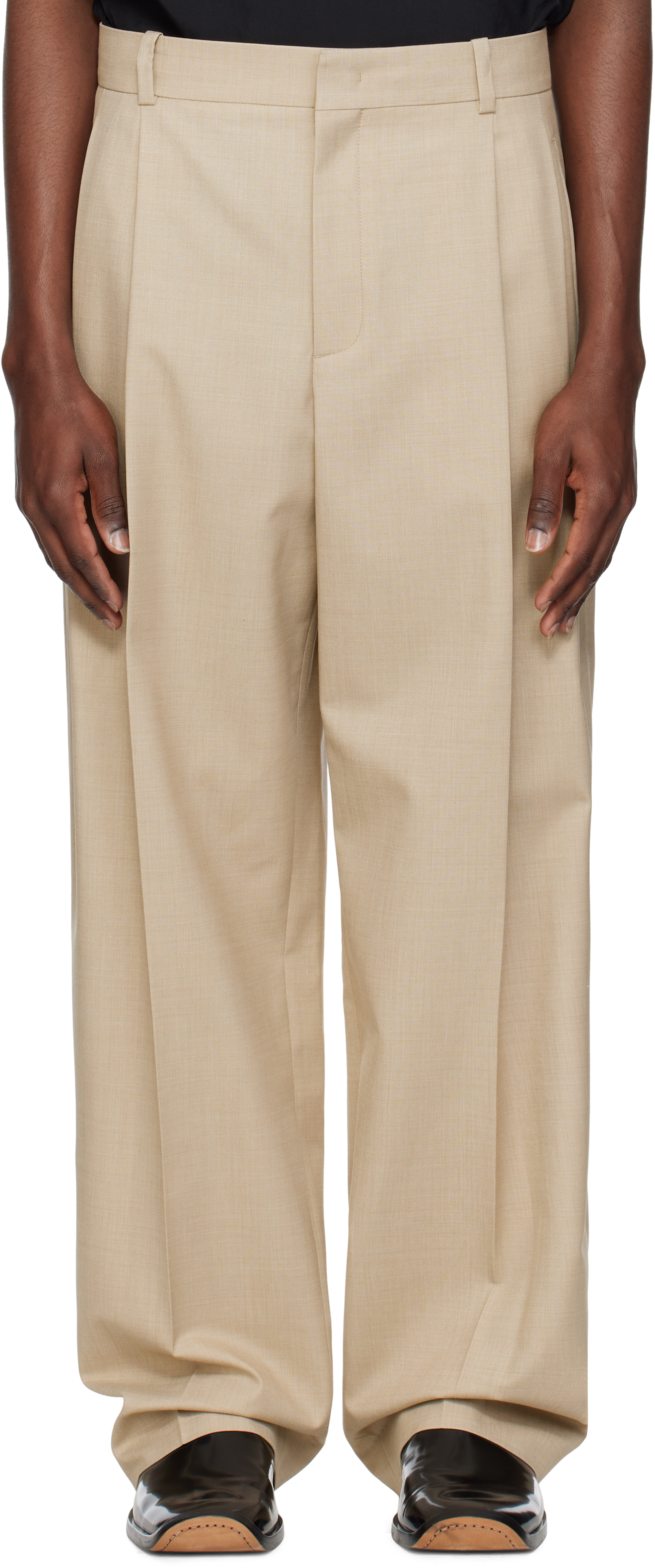 Beige Double Pleated Wide Trousers