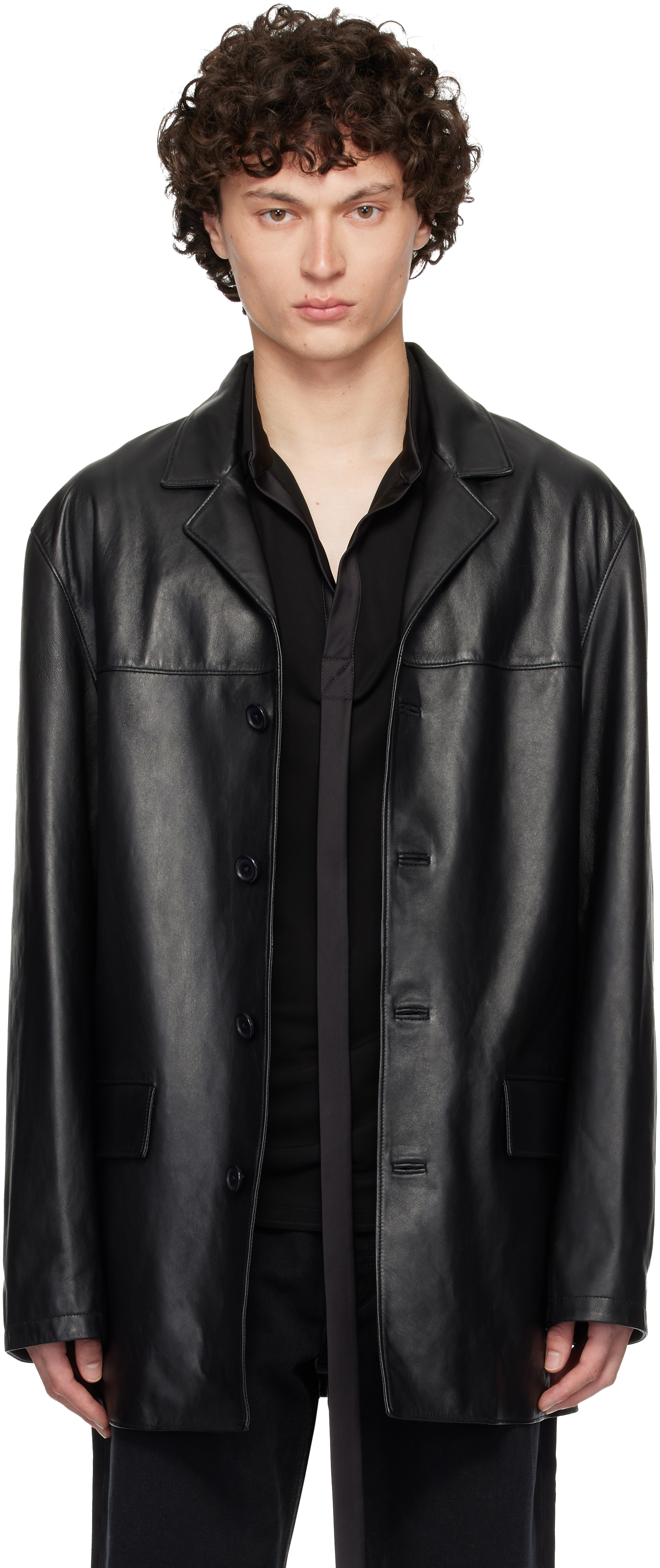 Black Four Button Leather Blazer