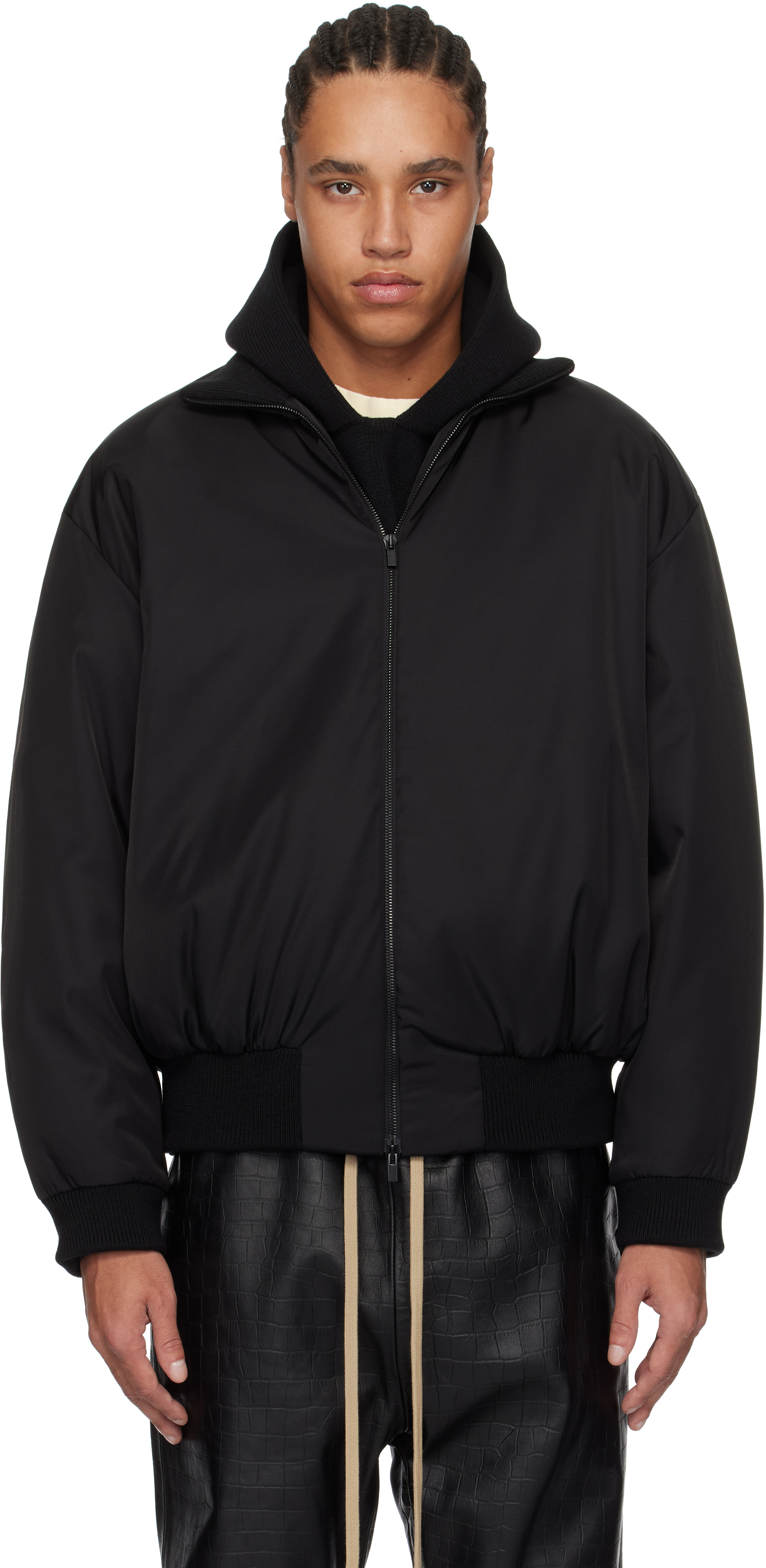 Black Nylon Wool Bomber Jacket