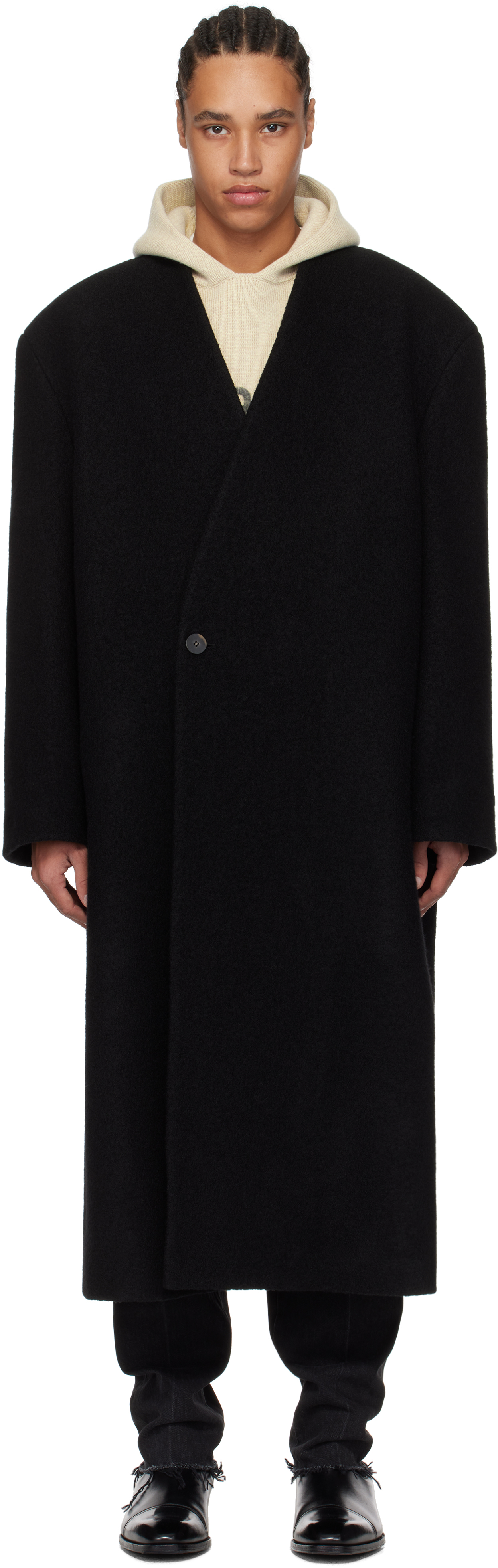 Black Boiled Wool Lapelless Relaxed Coat