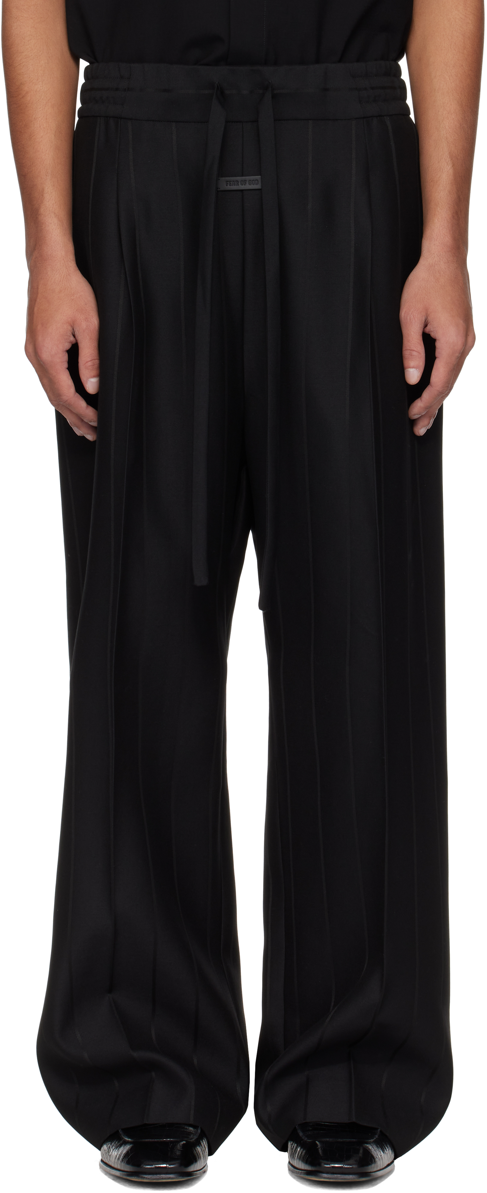 Black Pinstripe Drawstring Wide Leg Trousers