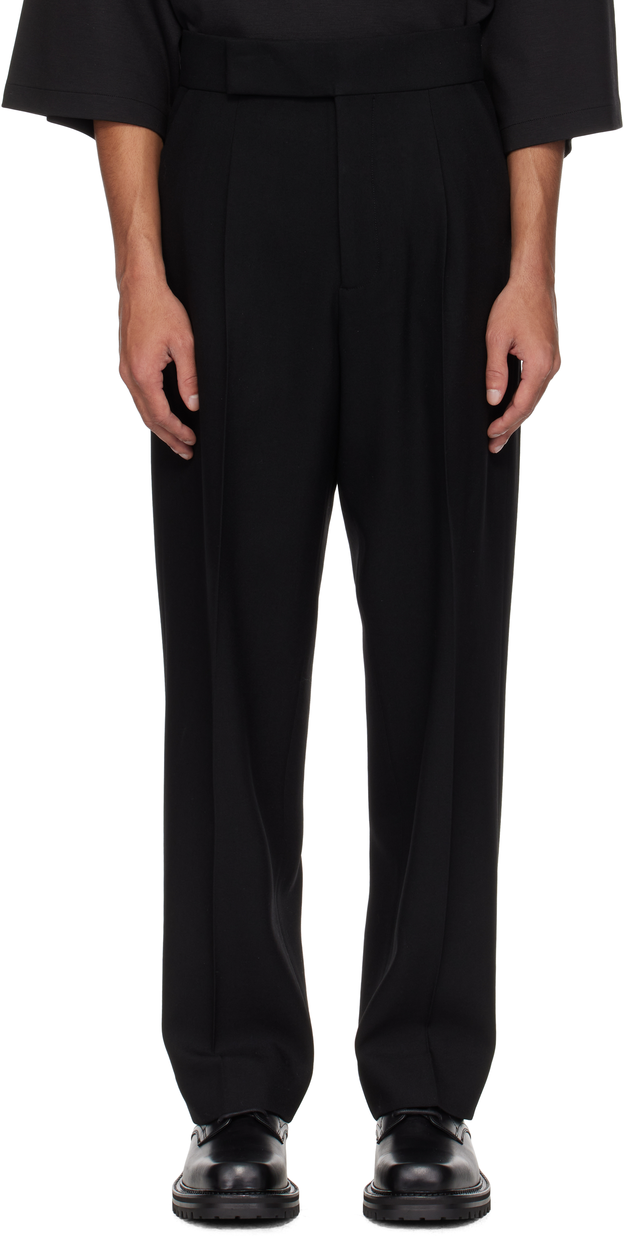 Black Wool Gabardine Single Pleat Trousers