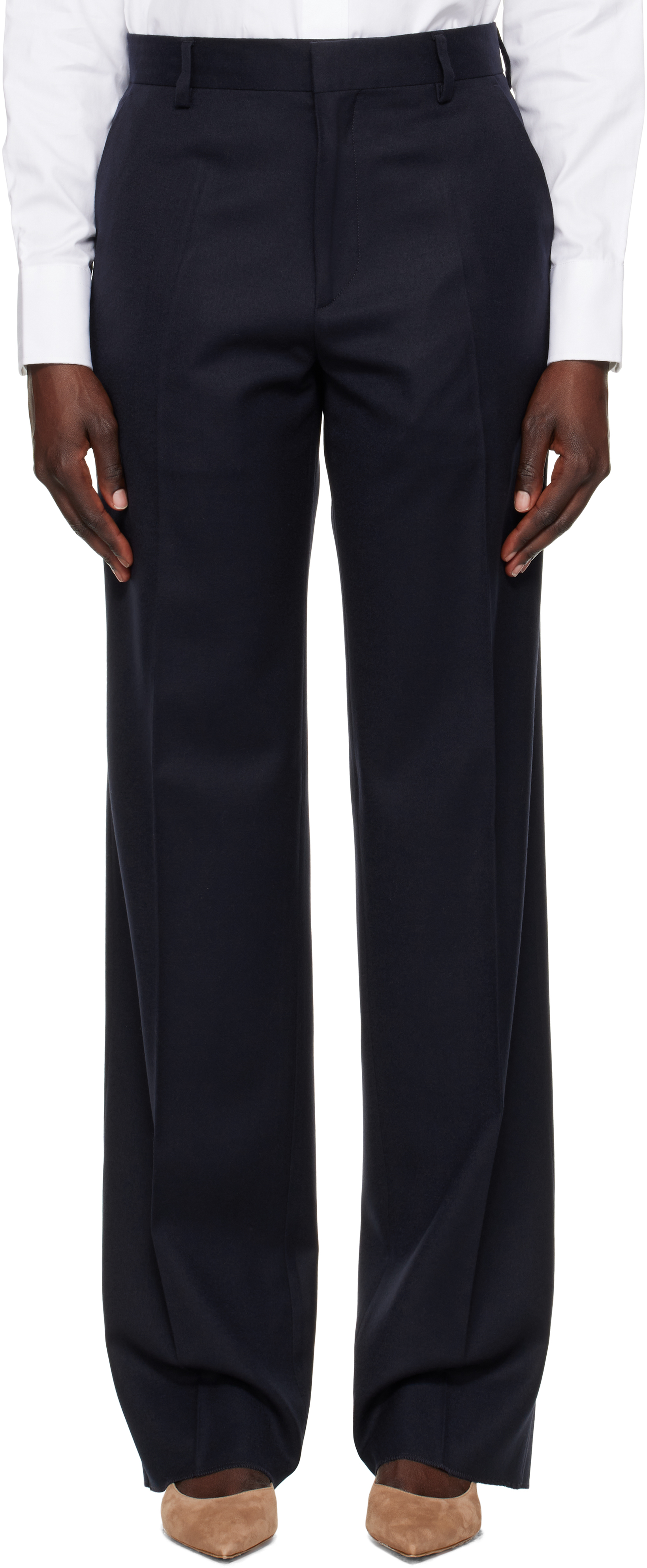 Navy Wool Straight Leg Trousers