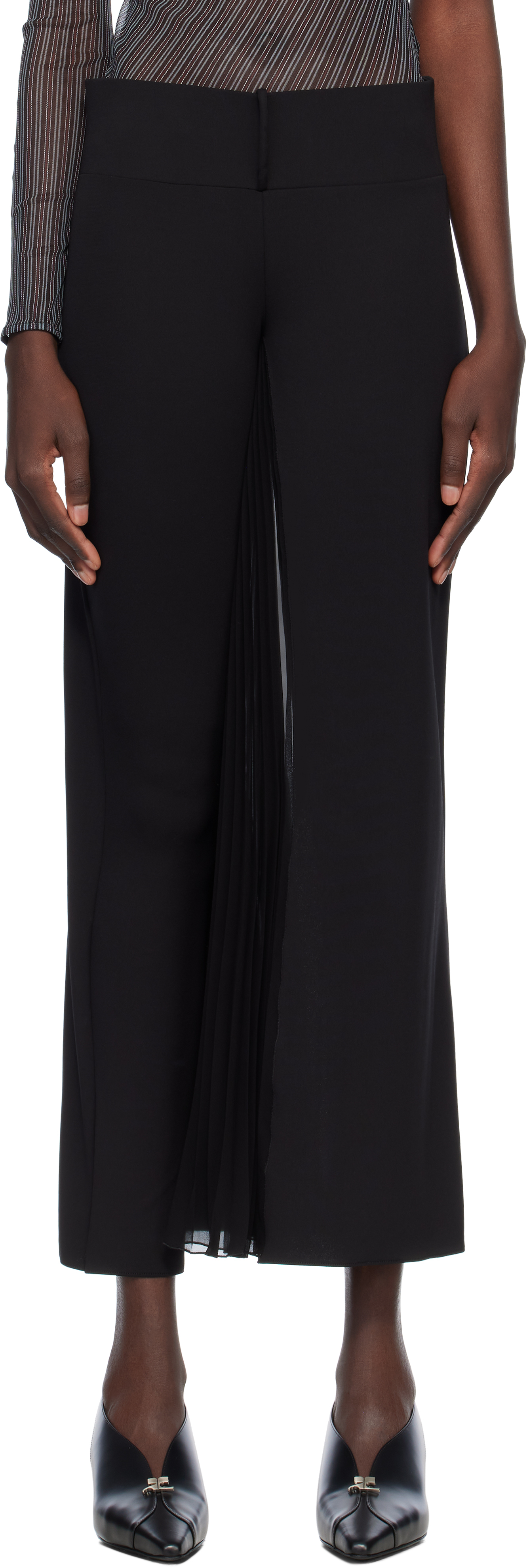 COURREGES>>>インフィニティトラウザーズ Courrègesのブラック Infinity Pleats ジャージ トラウザーズが