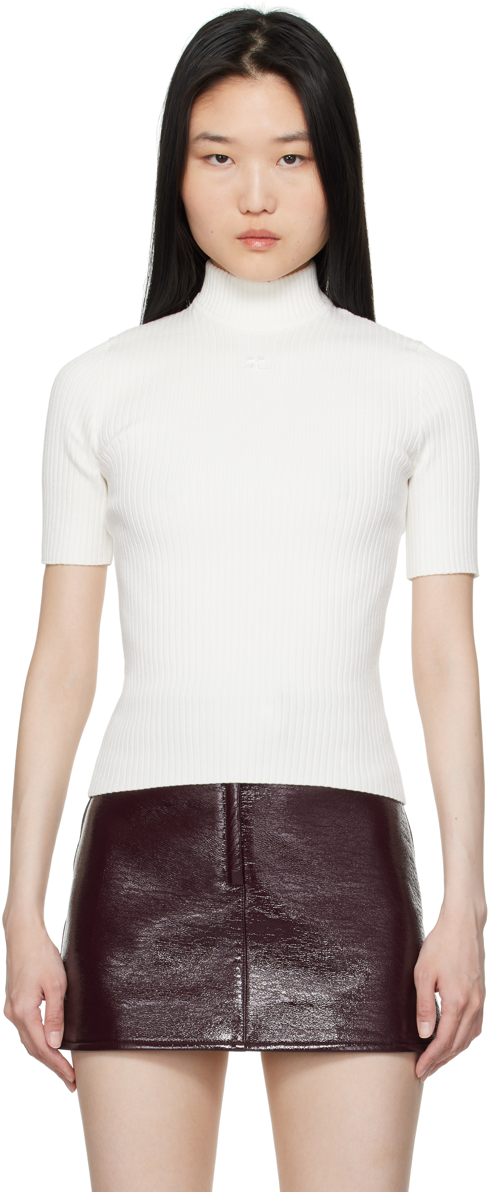 courrèges - vintage rib knit Courrèges: White Reedition Short Sleeves Rib Knit Sweater