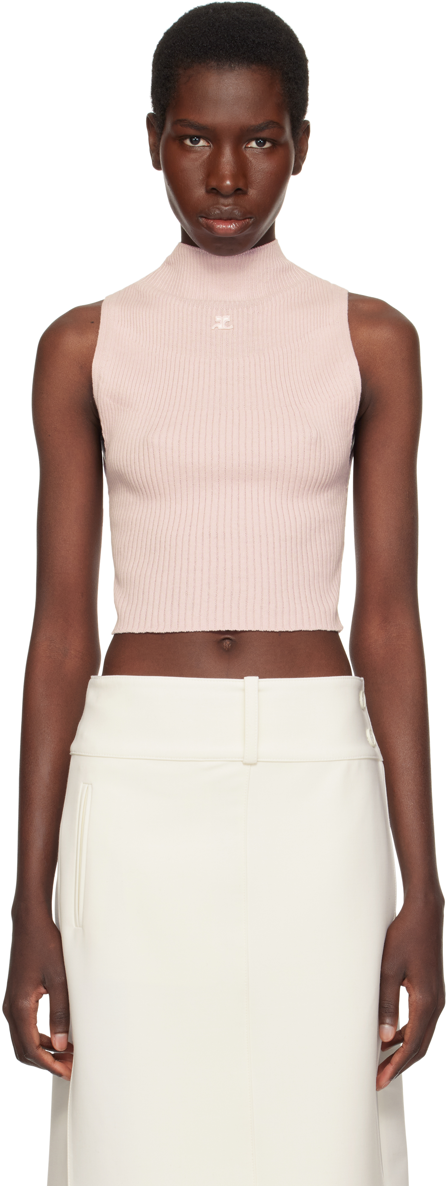 Pink Mockneck Light Rib Cropped Tank Top by Courrèges on Sale