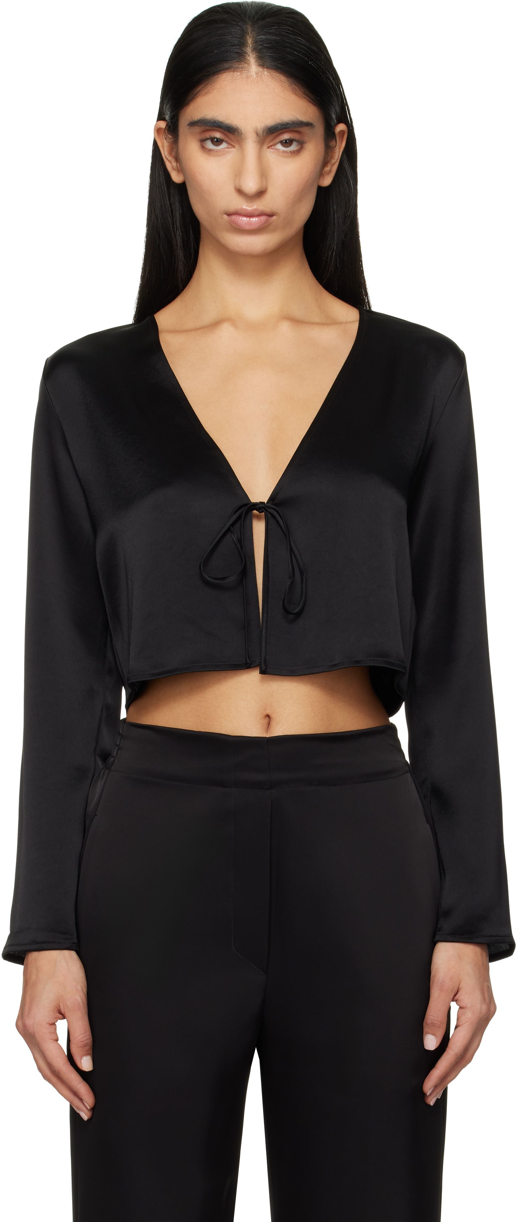 Black Barb Long Sleeve Tie Blouse