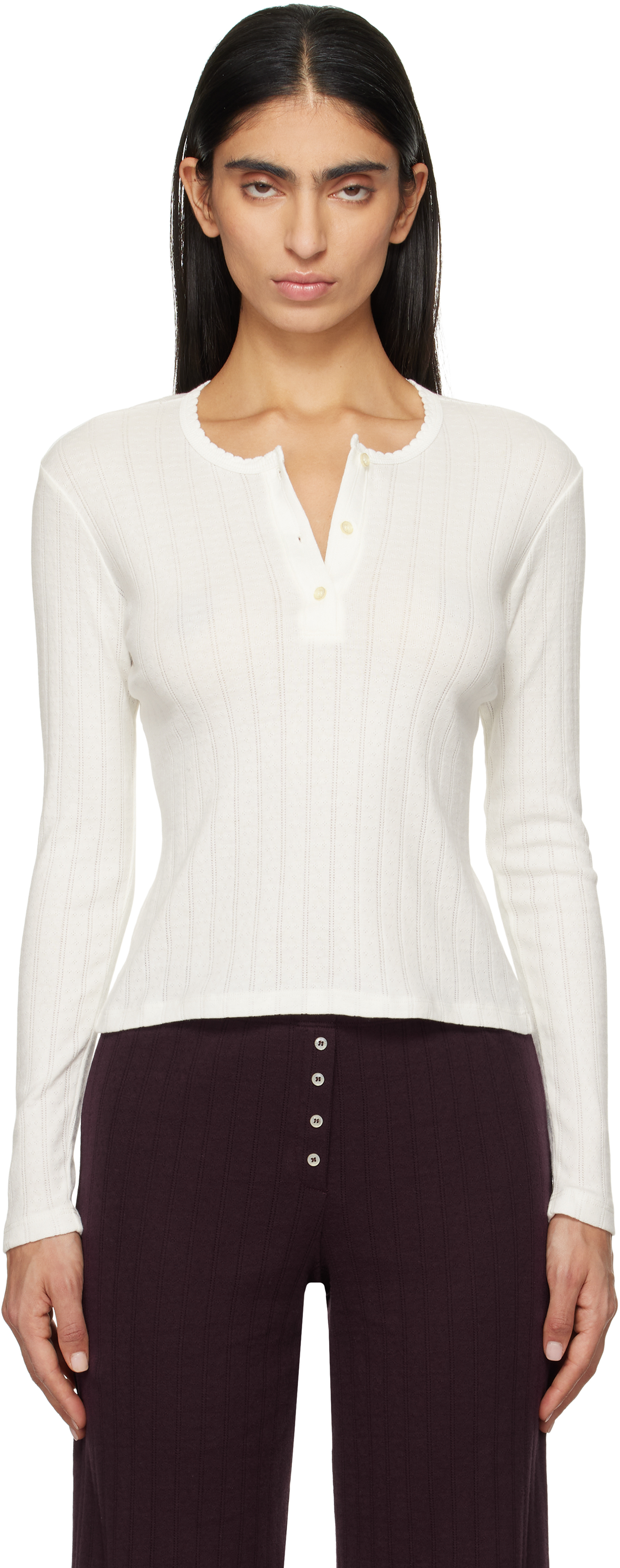 White Pointelle Long Sleeve Henley