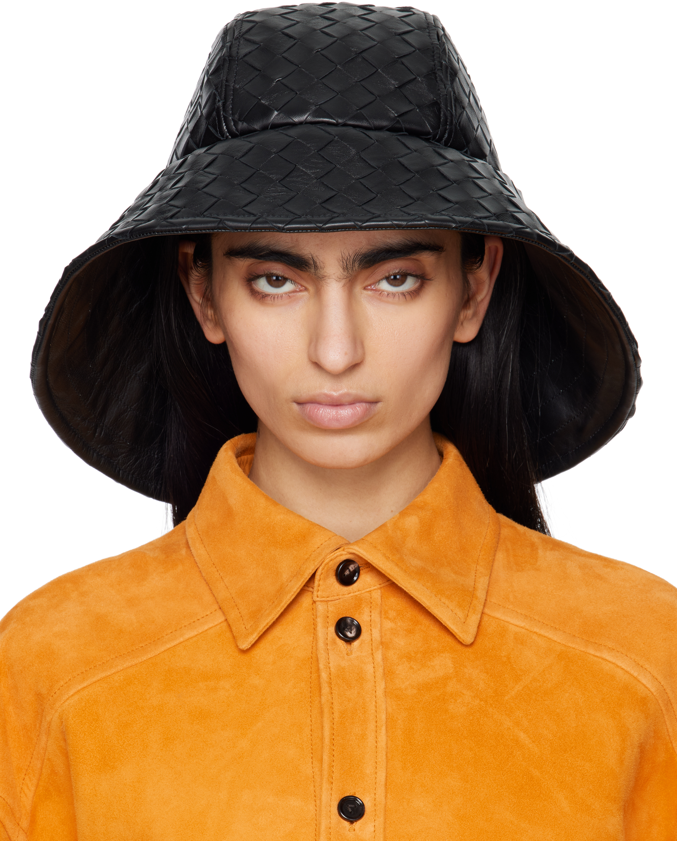Bottega Veneta: Black Intrecciato Leather Beach Hat | SSENSE