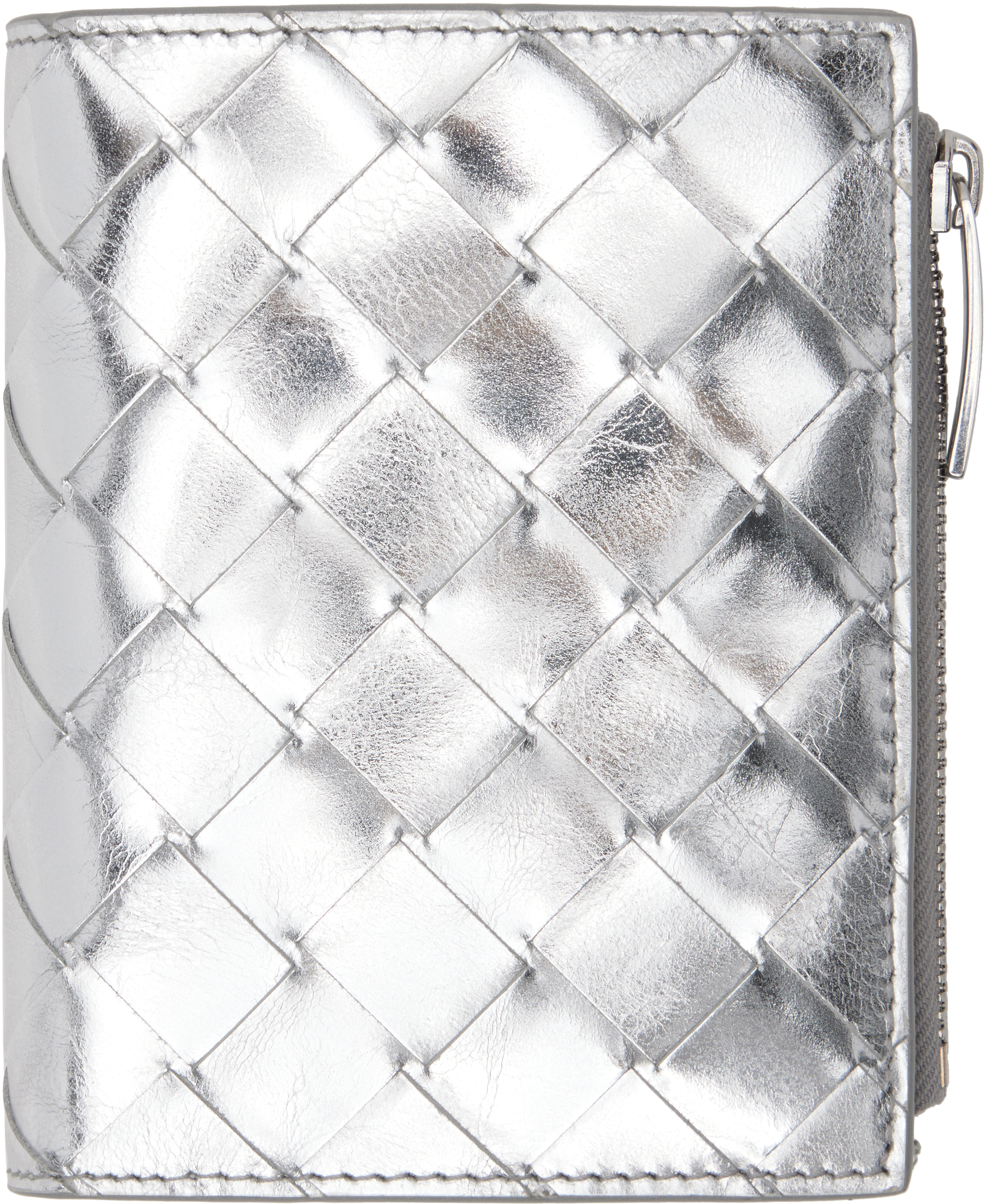 Bottega Veneta: Silver Intrecciato Small Bi-Fold Wallet | SSENSE