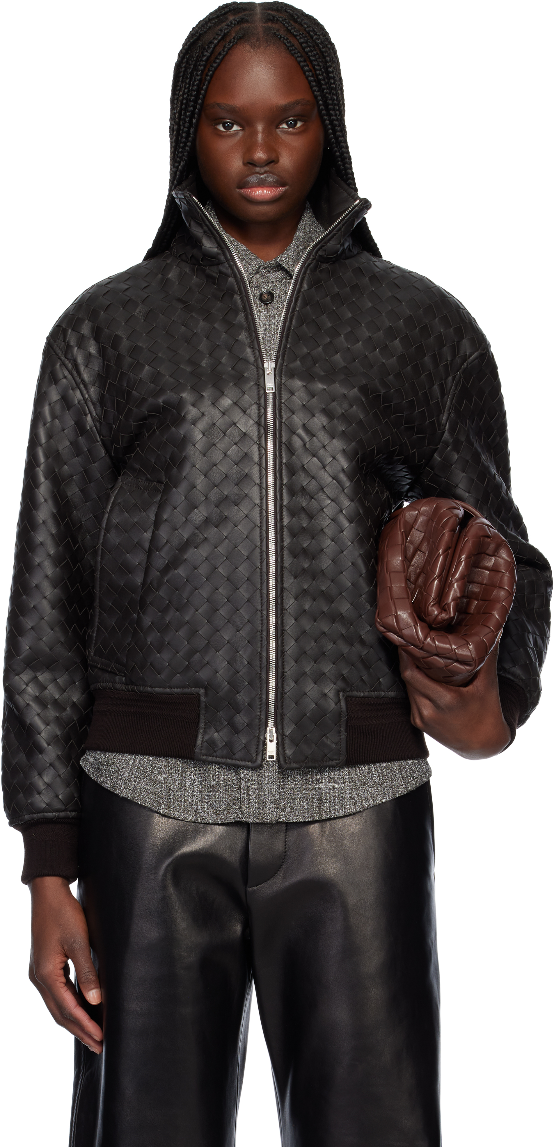 Shop Bottega Veneta Brown Intrecciato Leather Jacket In 2113 Fondant