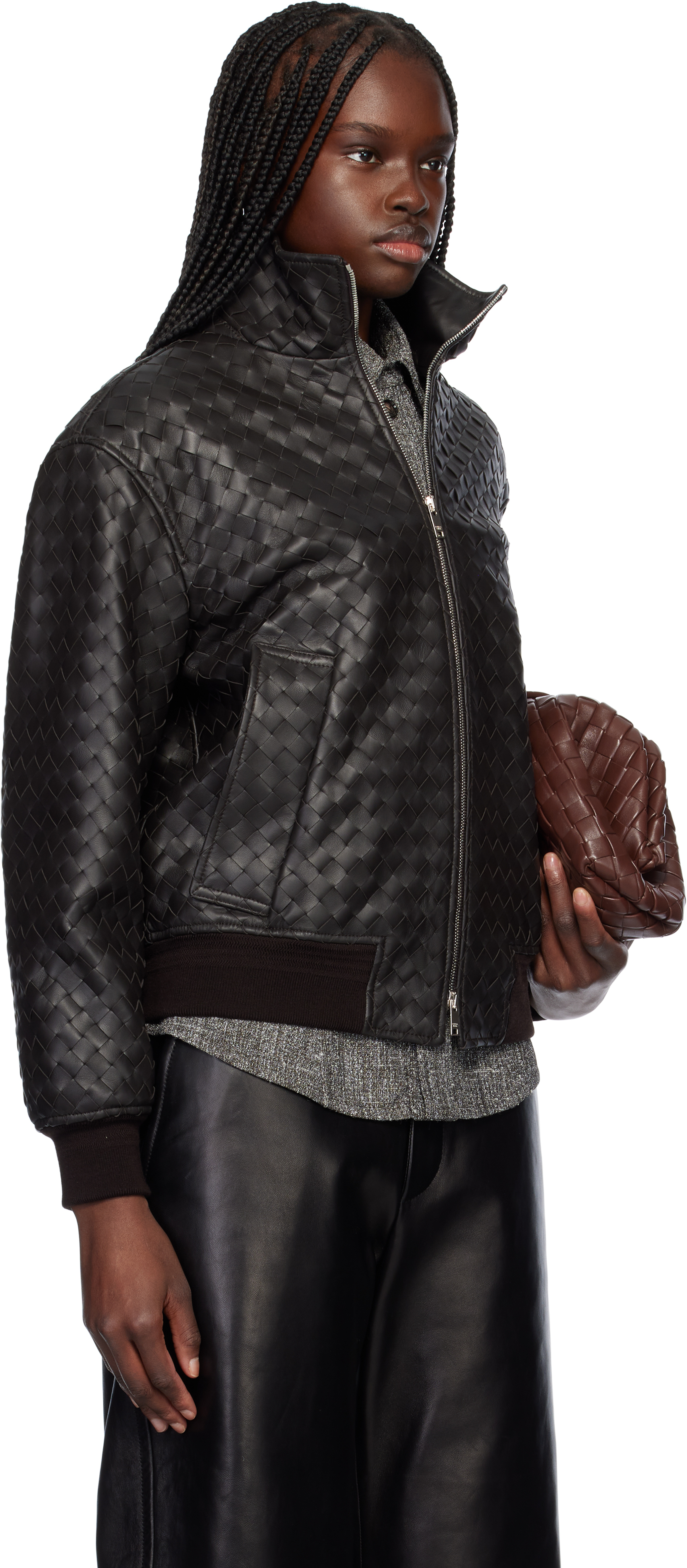Shop Bottega Veneta Brown Intrecciato Leather Jacket In 2113 Fondant