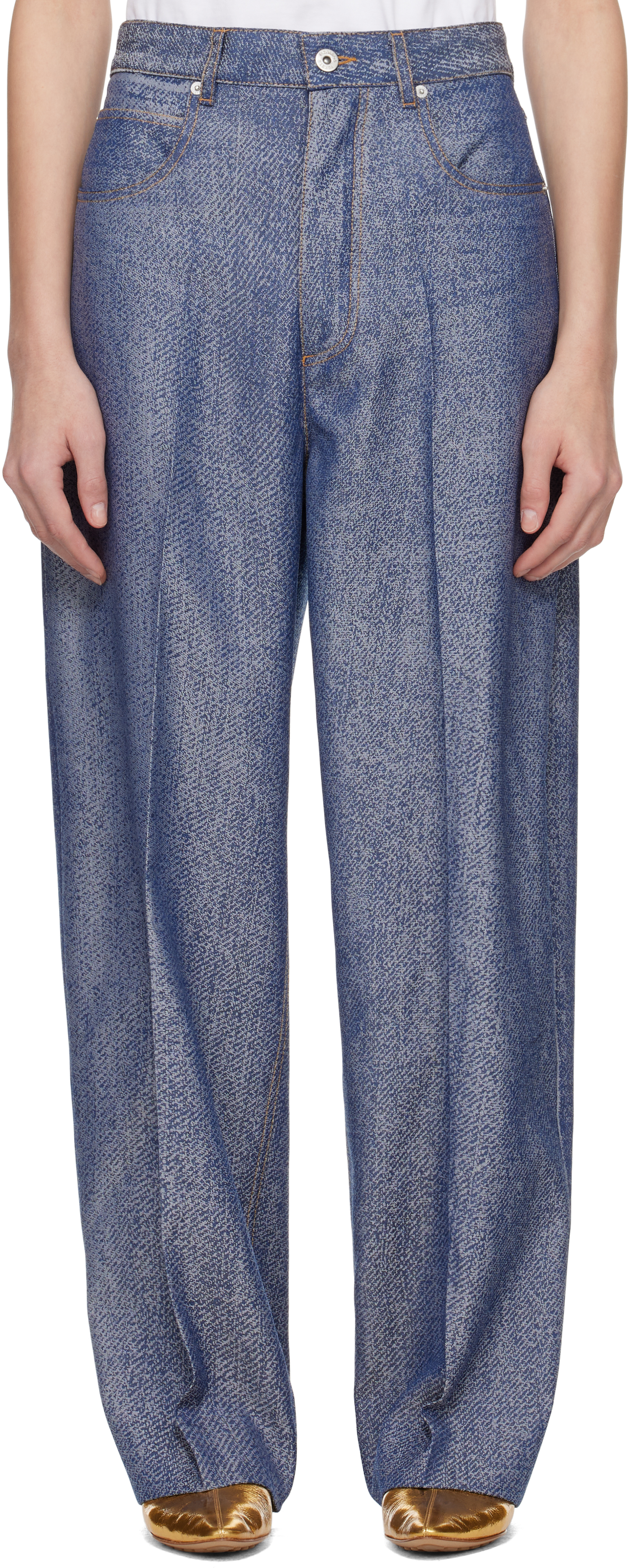 BOTTEGA VENETA BLUE & WHITE DENIM JACQUARD WIDE LEG TROUSERS