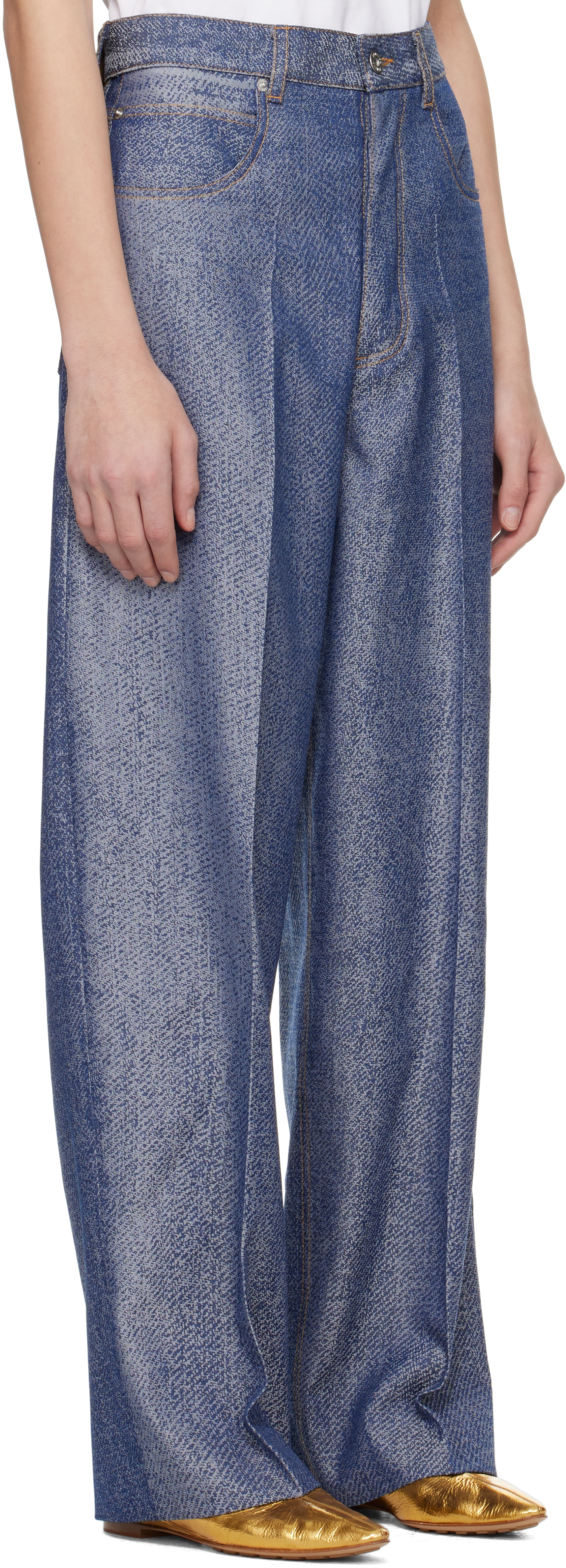 BOTTEGA VENETA BLUE & WHITE DENIM JACQUARD WIDE LEG TROUSERS
