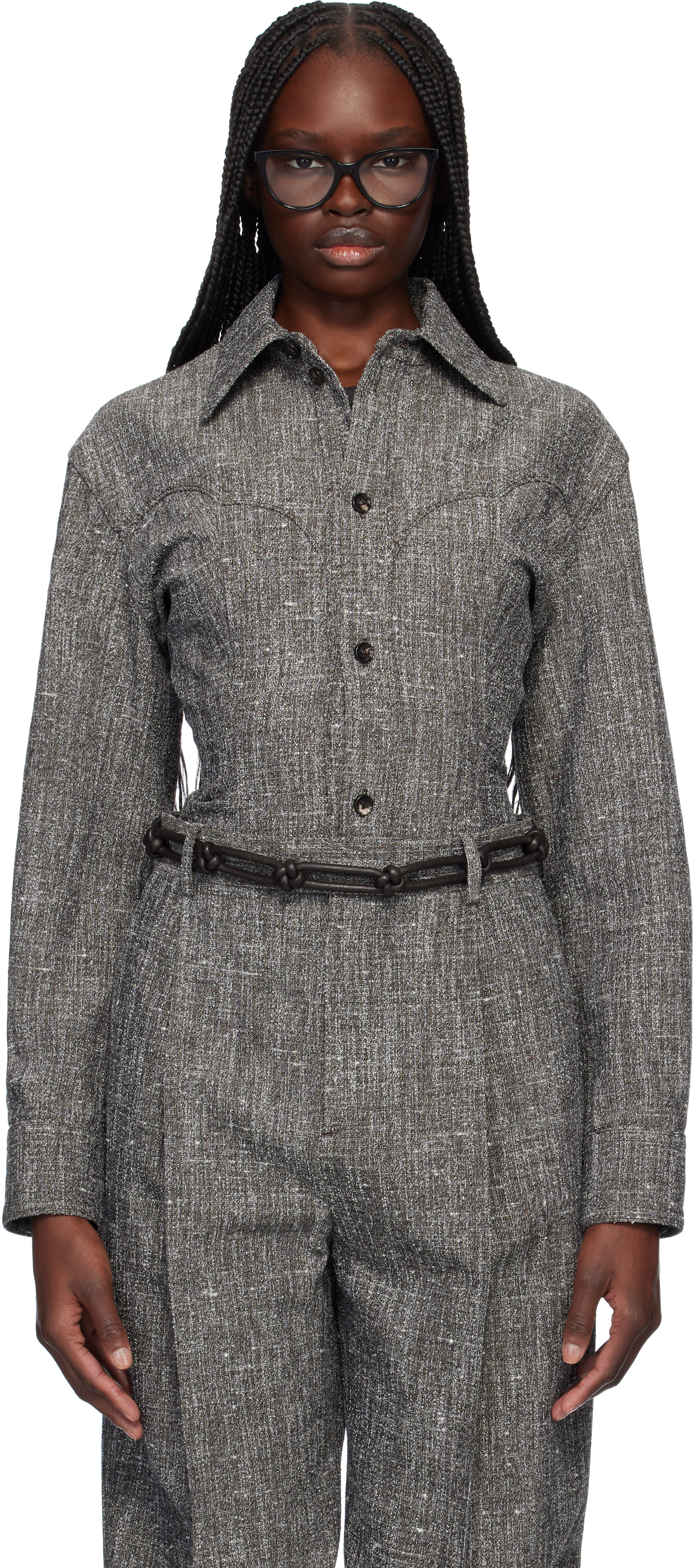 Bottega Veneta Gray Melange Viscose & Silk Shirt In 1276 Brown/grey/whit