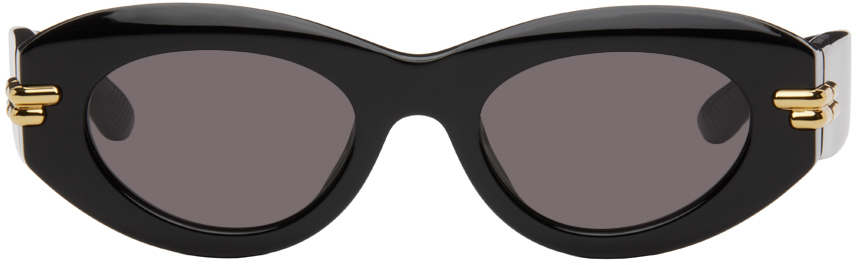 Shop Bottega Veneta Black Mitre Oval Sunglasses In Black-black-grey