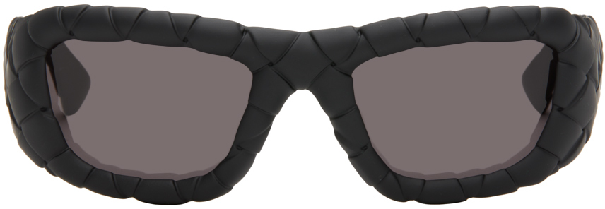 Shop Bottega Veneta Black Intrecciato Rectangular Sunglasses In Black-black-grey