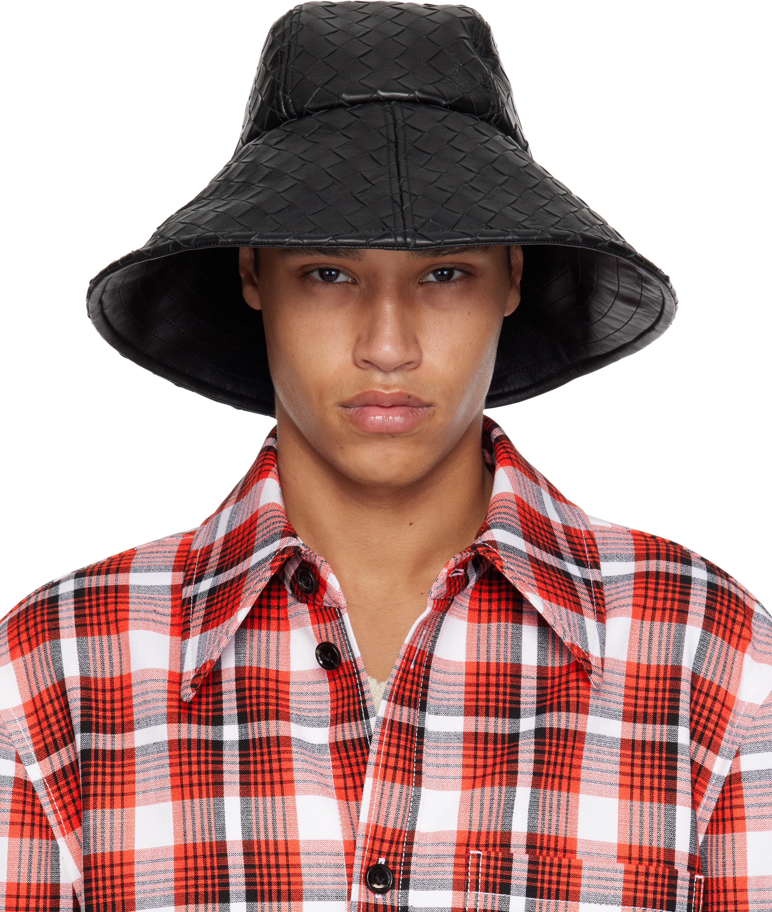 Bottega Veneta Black Intrecciato Leather Bucket Hat In 1000