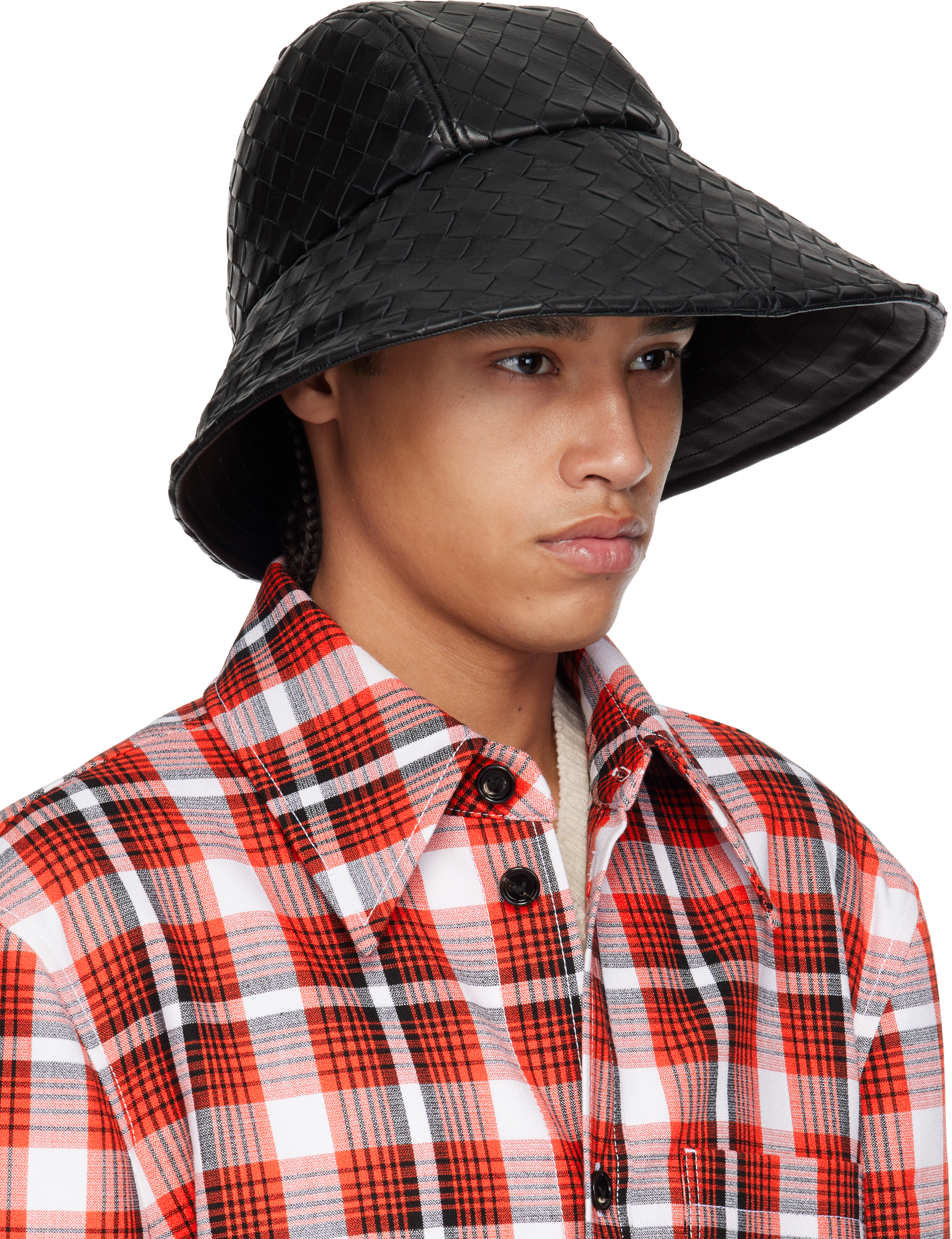 Bottega Veneta Black Intrecciato Leather Bucket Hat In 1000