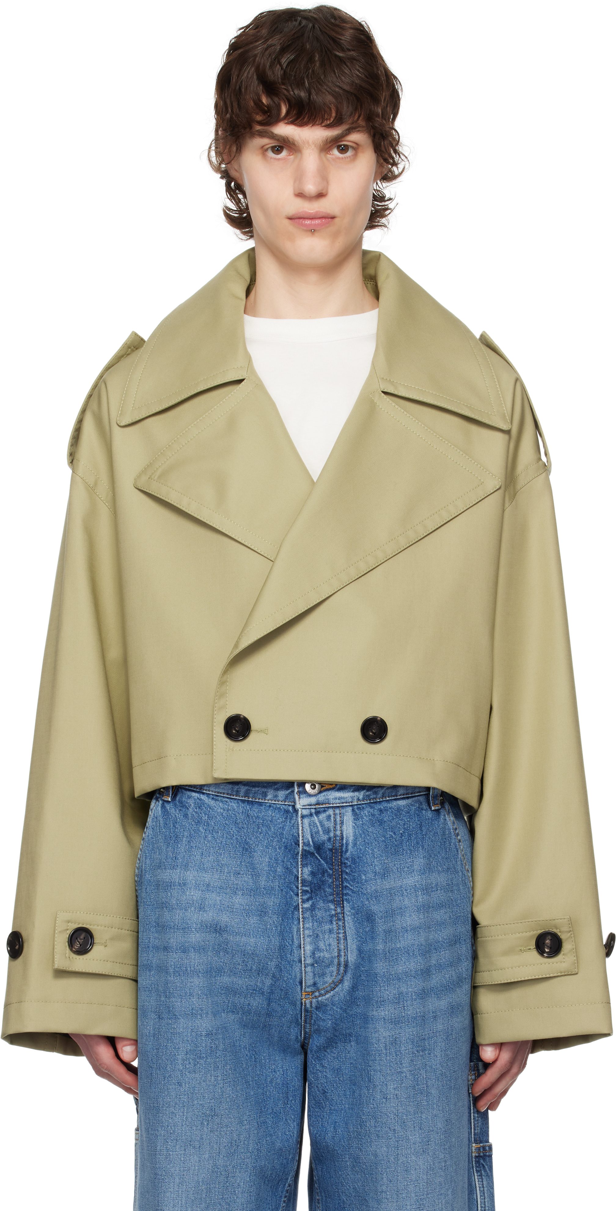 Beige Fine Compact Cotton Twill Trench Coat