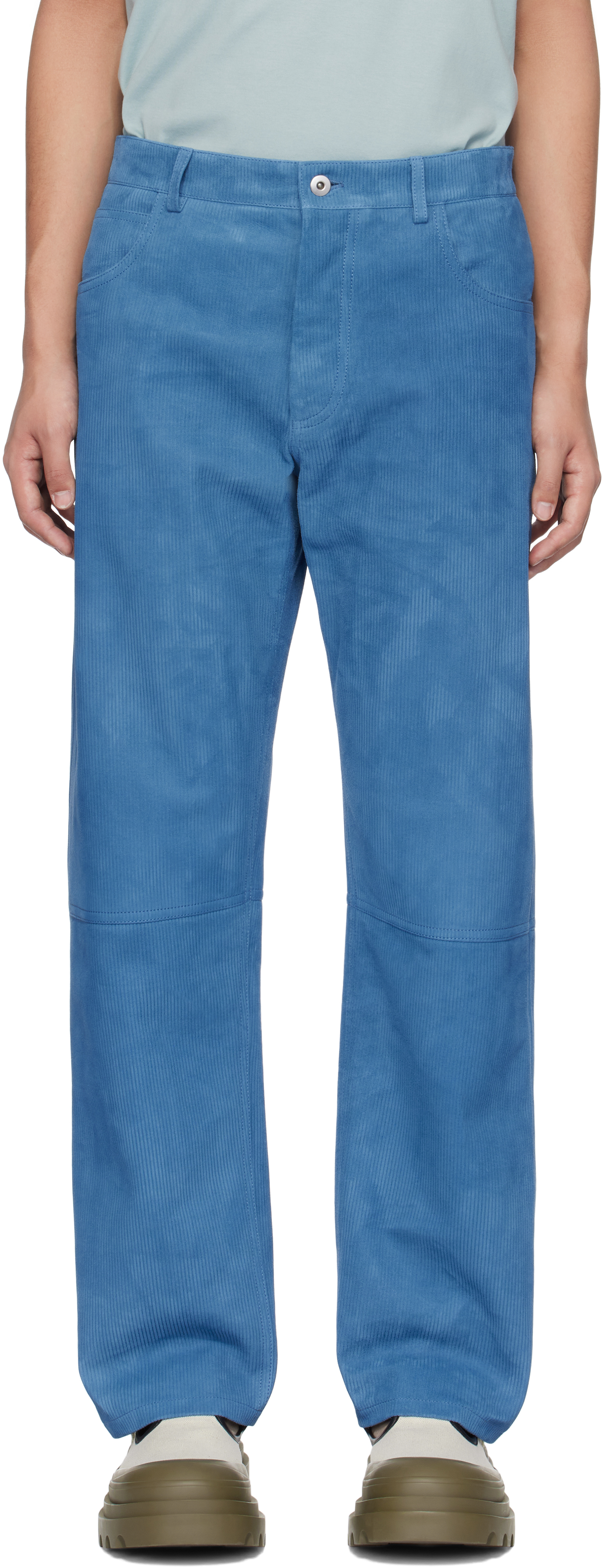 Blue Embossed Corduroy Suede Trousers